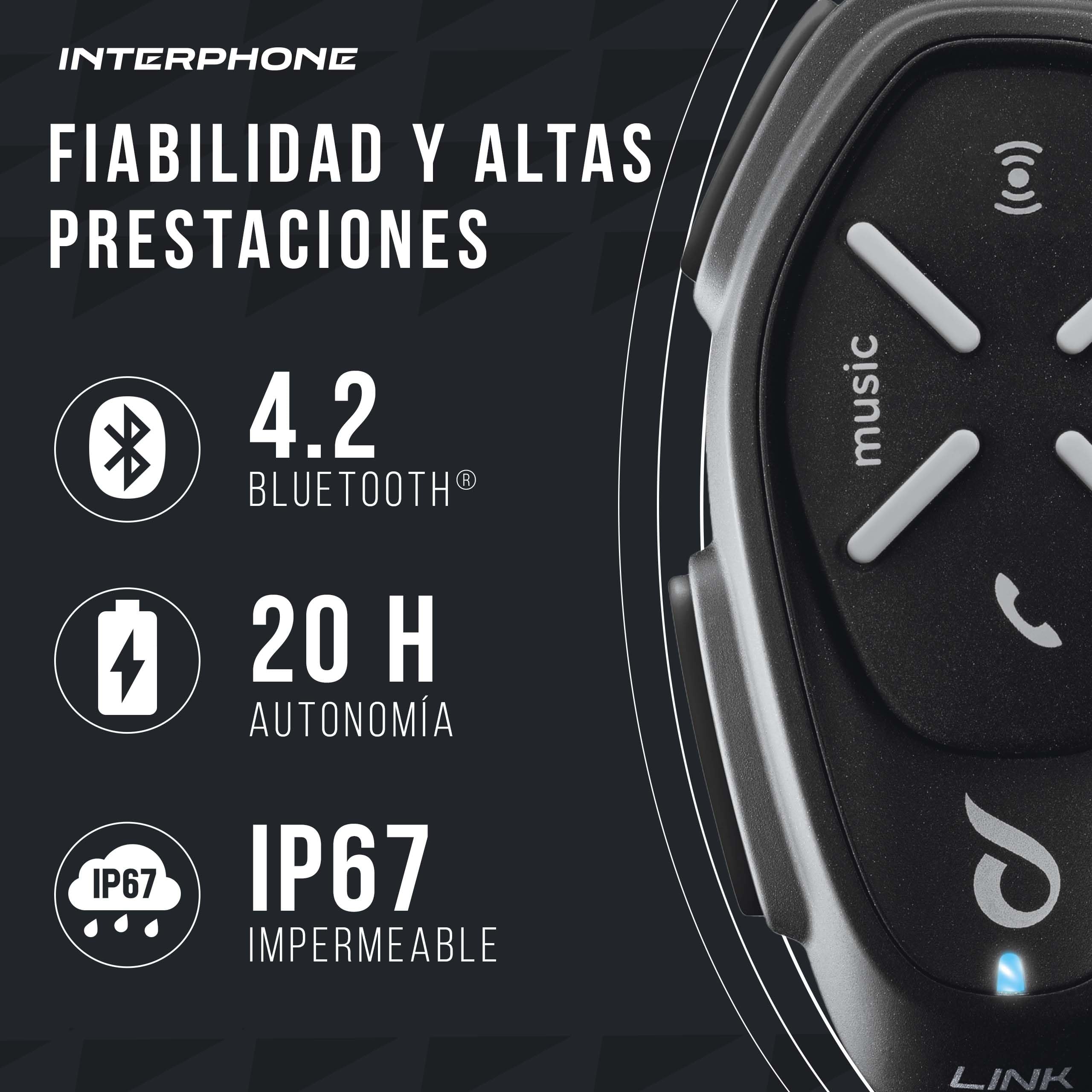 INTERPHONE LINK HD Intercomunicador casco moto individual para comunicarse entre pilotos, motos y con el pasajero hasta 300 m, intercomunicador con Bluetooth, accesorios moto, 20 h de autonomía e IP67