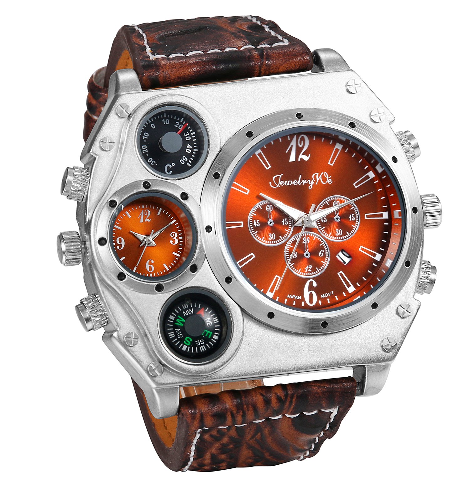 JewelryWe Mens Military Wrist Watch Large Face Two Time Zone Brown Leather Strap Analog Display Men Watch