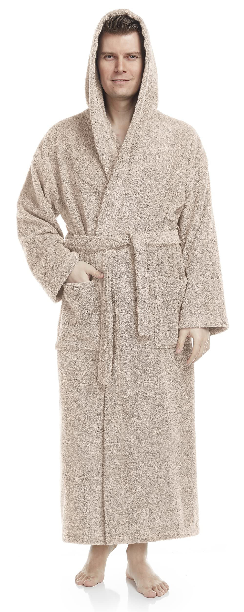 Arus Bathrobe for men's hooded, 100% cotton terry, calf length, Stone, S-M
