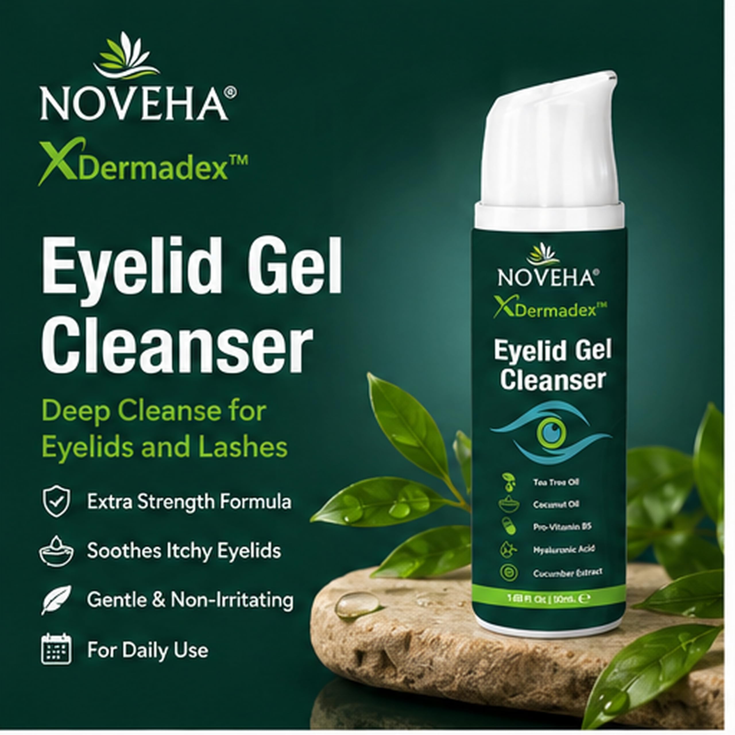 NOVEHA Demodex Gel Detergente Extra Forte per Palpebre - per Demodex, Mgd e Occhio Secco Con Pro-Vitamina B5, Olio di Tea Tree e Acido Ialuronico - Pulizia Morbida, Allevia Il Prurito Della Palpebra -