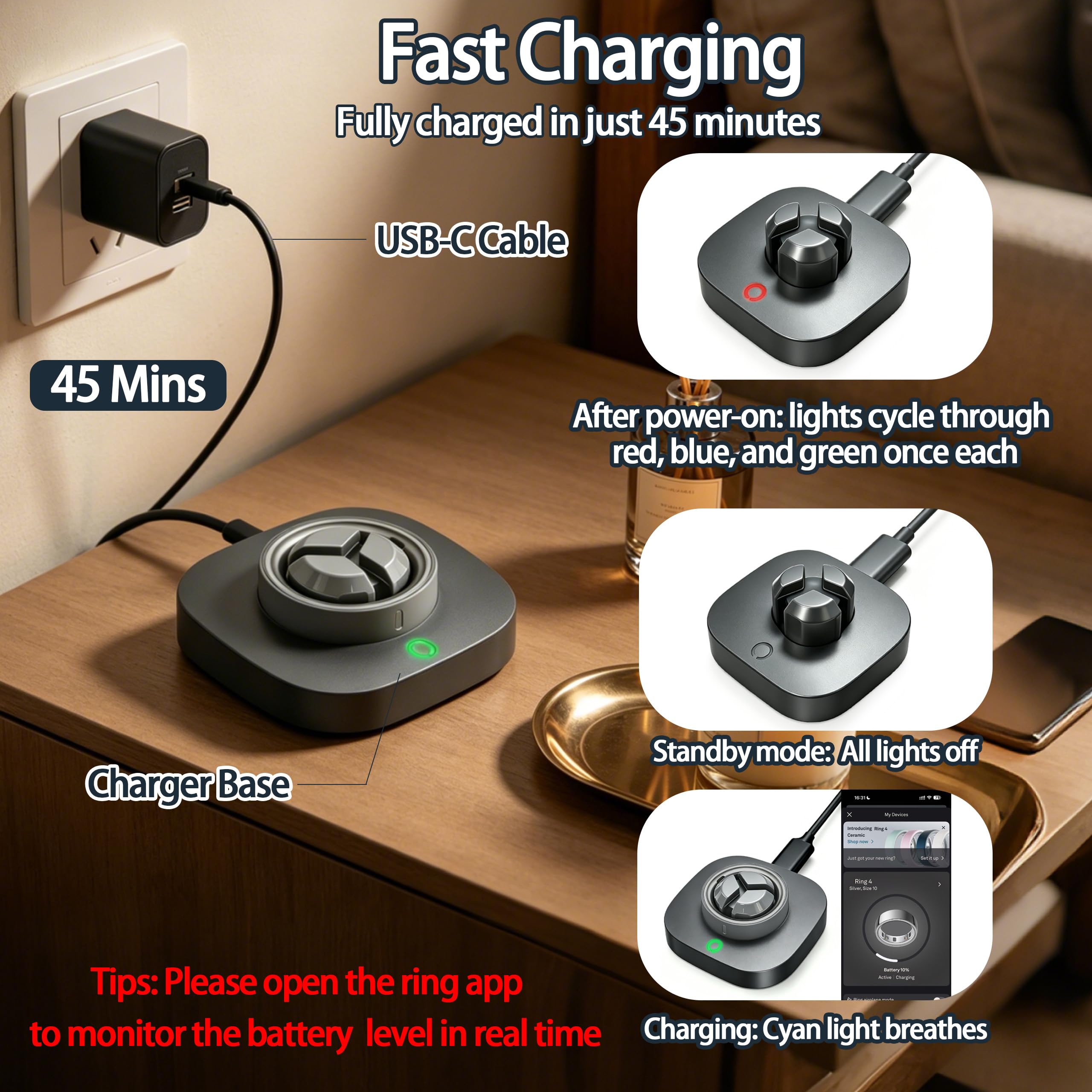 Caricabatterie compatibile con Ou-ra Ring Gen 4: dock di ricarica rapida per dimensioni 7/8/9/10/11/12/13 con cavo USB-C (non compatibile con Ring Gen 3)