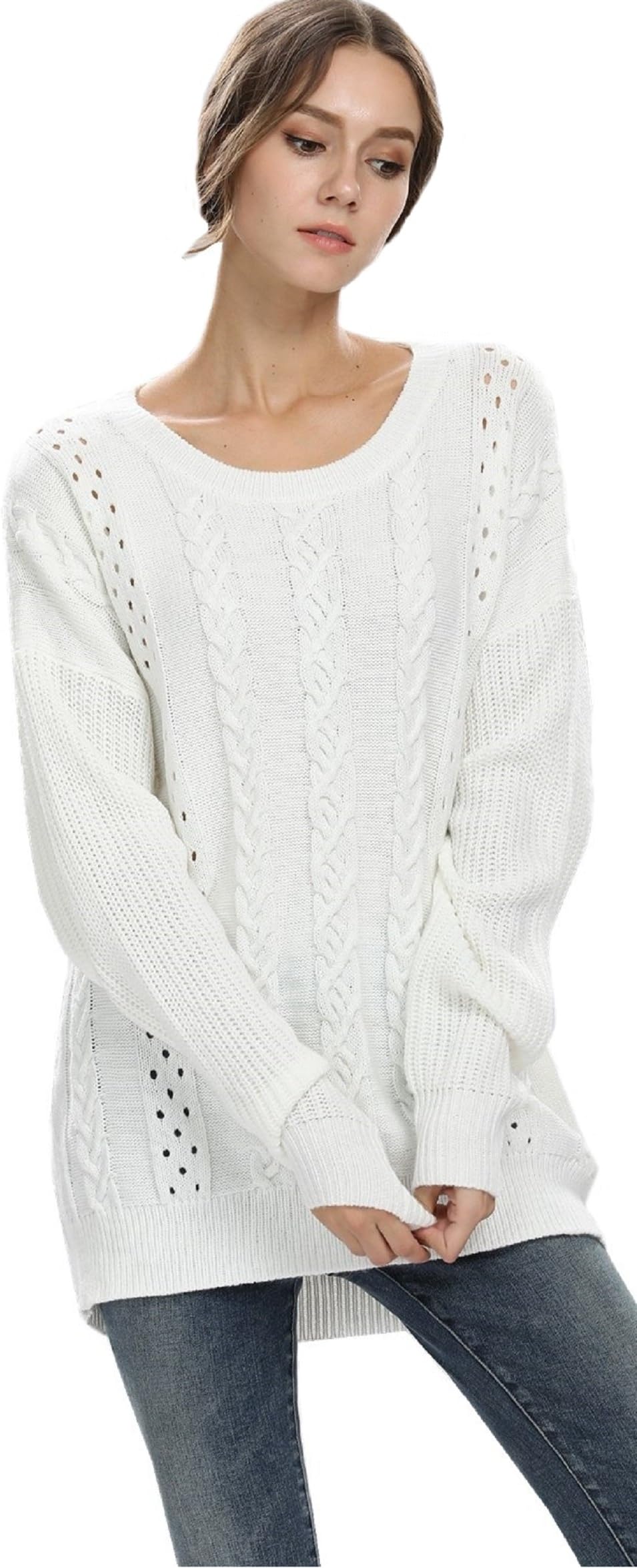 Women’s Casual Unbalanced Crew Neck Knit Sweater Loose Pullover Cardigan (White)