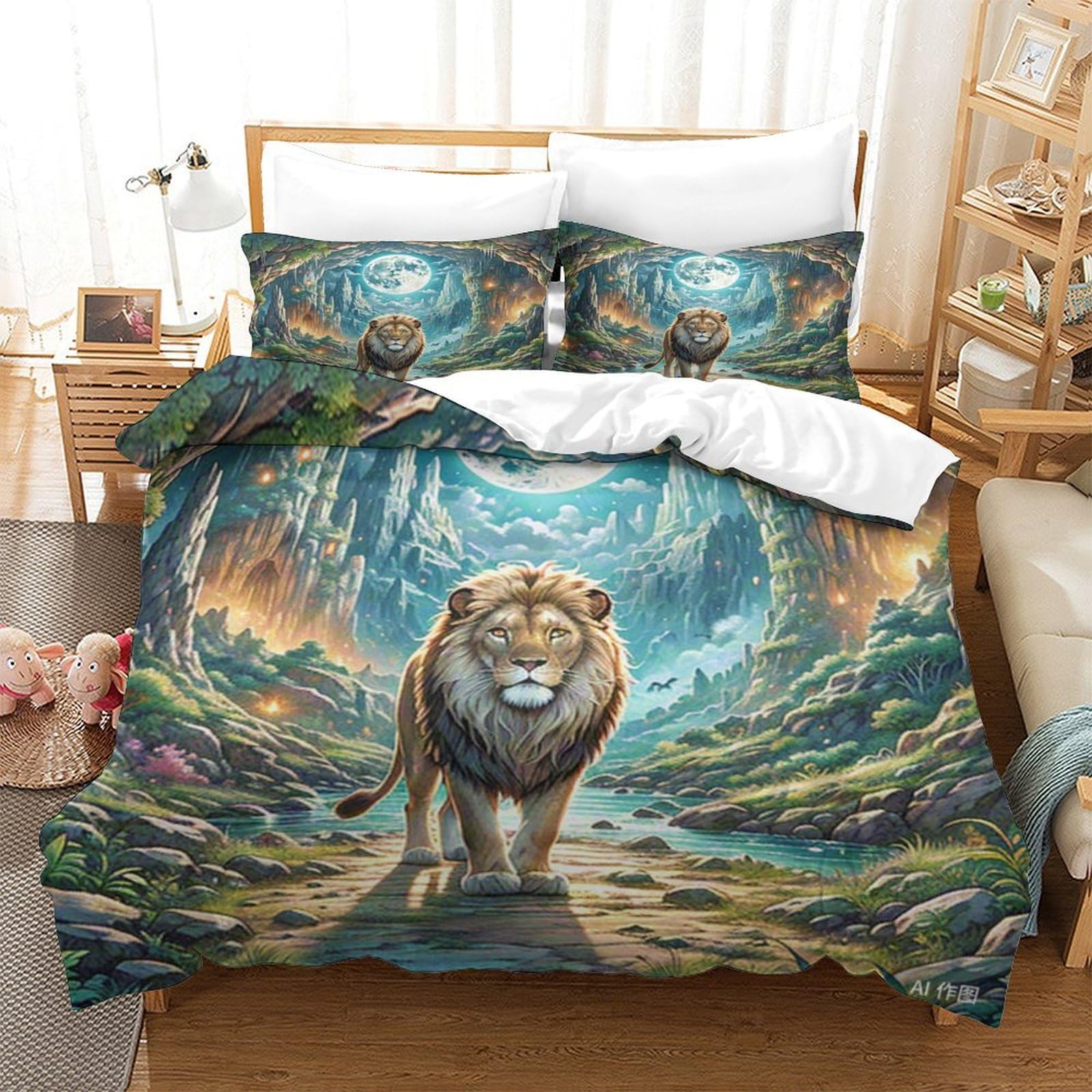 Parure de lit lion 3D 260x220 cm en microfibre avec housse de couette et taies pour lit super king