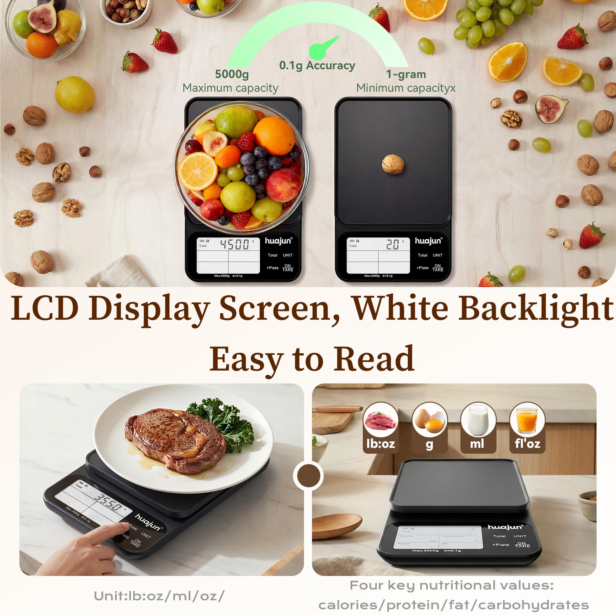 Küchenwaage Digital mit Nährwertberechnung, 5kg/0,1g Küchenwaage Bluetooth mit Kalorienzähler, App Smart Scale mit 30 Nährstoffe, Ernährungswaage mit LCD-Display für Gewichtsverlust,Fitness (grau)