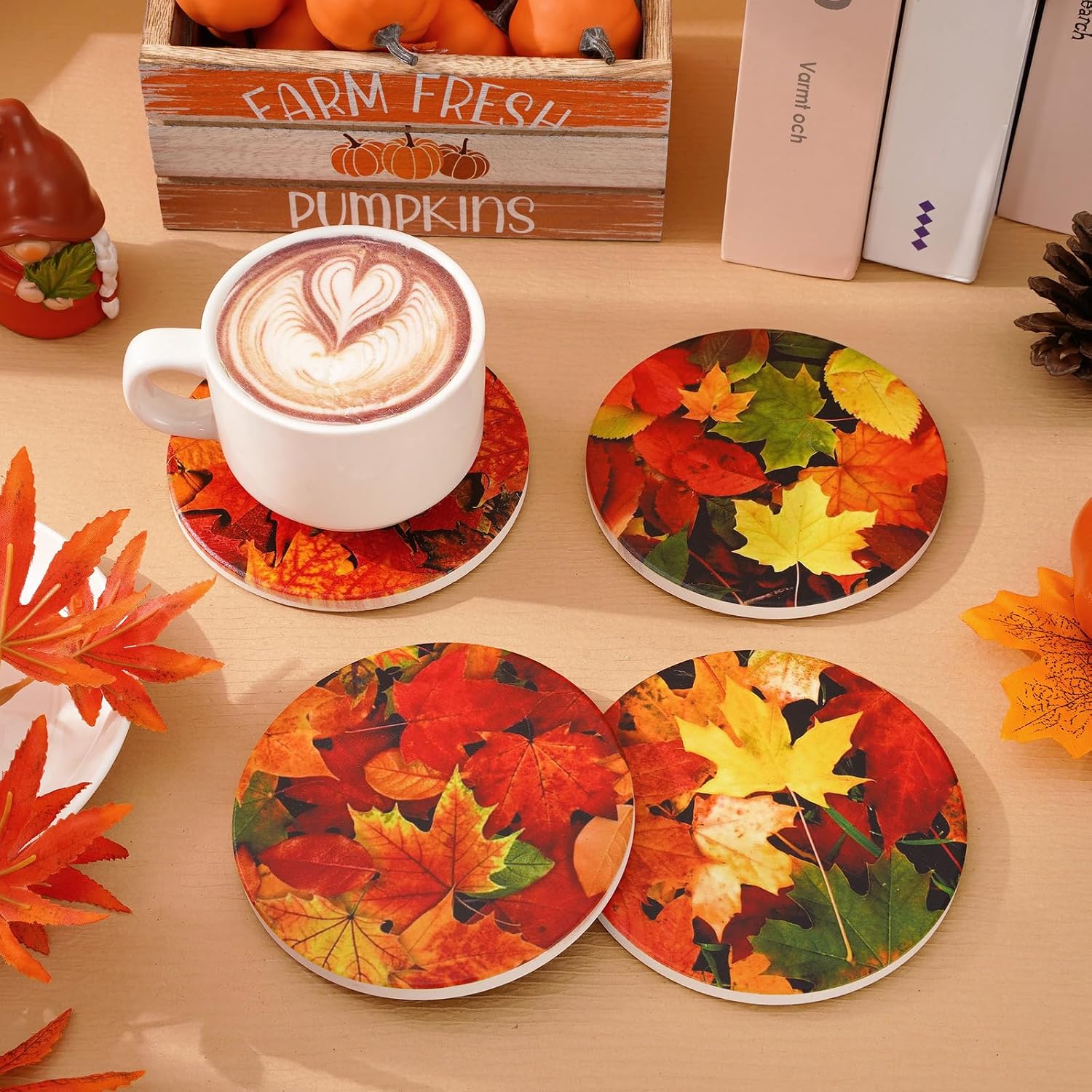 4 Pcs Fall Leaves Coasters Autumn Maple Leaf Ceramic Coasters Absorbent Thanksgiving Harvest Cup Mat for Home Kitchen Party Table Decor, Red, Yellow, Brown, Green