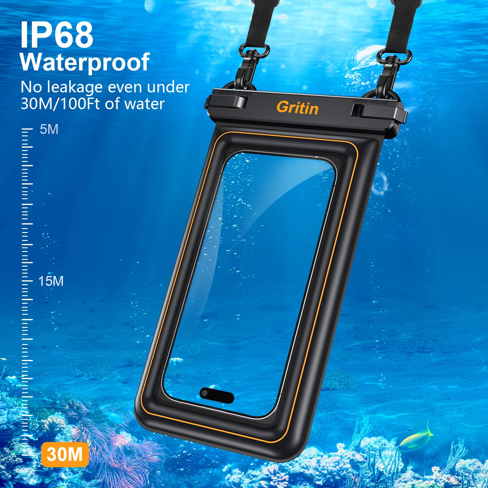Gritin Custodia Impermeabile Smartphone, Universale IP68 Galleggiante Cover Subacquea Custodia Subacquea Smartphone Compatibile con iPhone 15 Pro Max/15 Pro/15/14/13/12,Galaxy, Mate, Fino a 7.2"