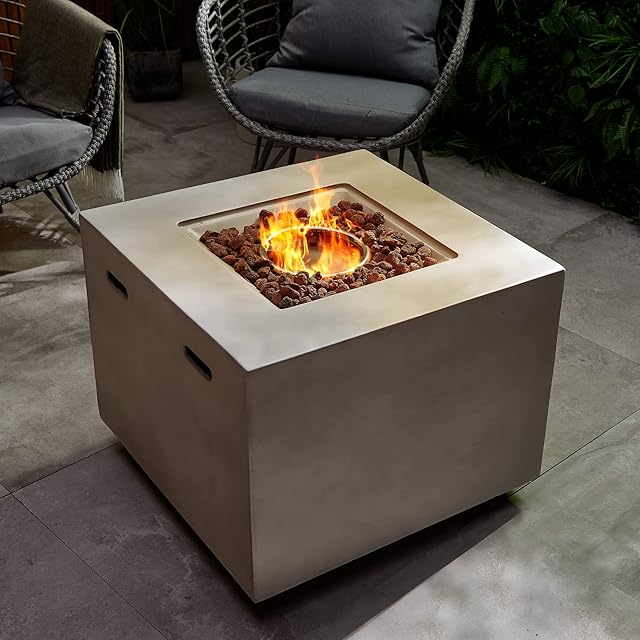 VonHaus Gas Fire Pit  Square Firepit for Outdoor, Garden, Patio  MgO Material with Cover, Regulator, Hose, Carry Handles  Adjustable Flame Settings  Compatible with Propane  Faux Concrete