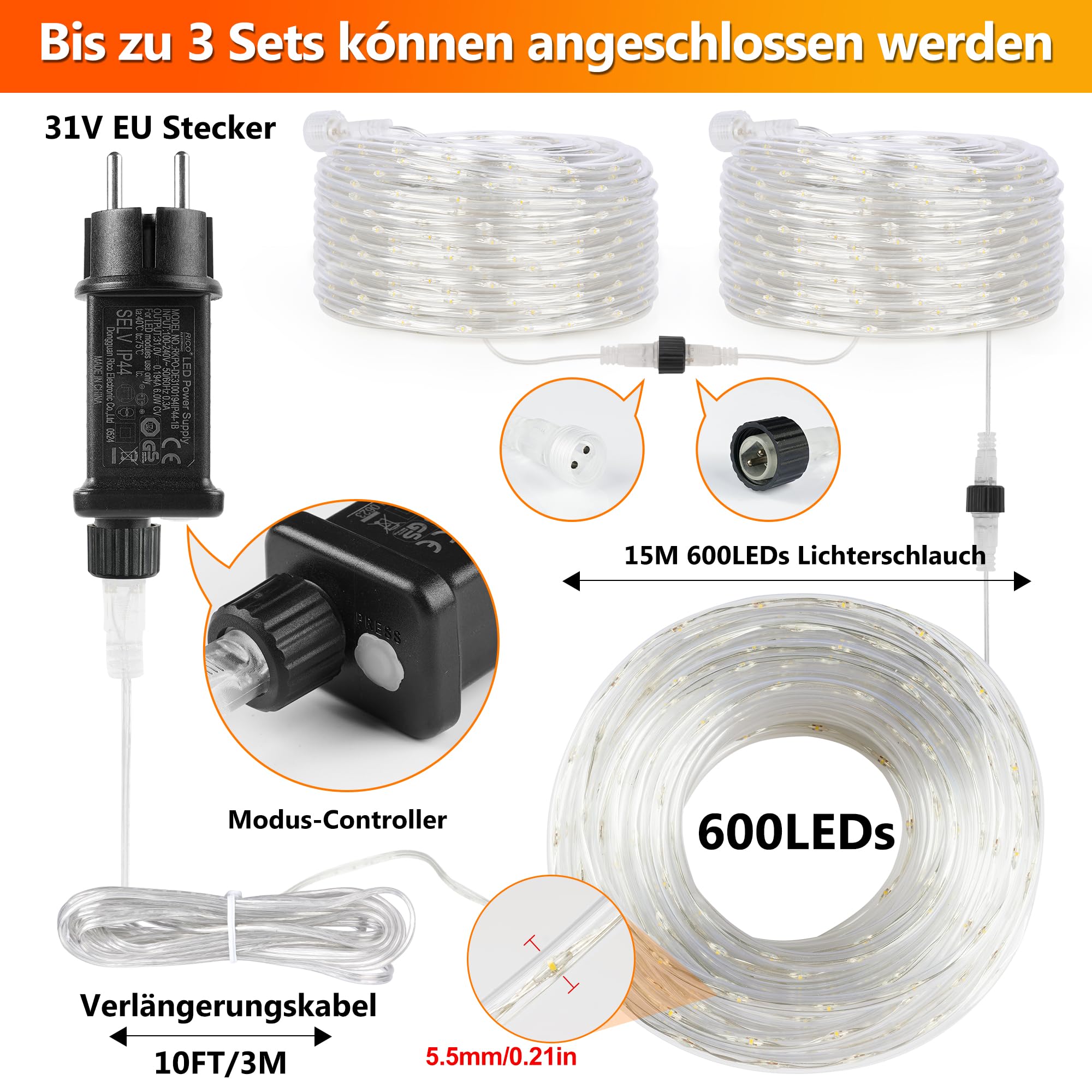 StarryEver 15 m 600 LED manguera cadena de luz exterior conectable, luz blanca cálida LED manguera de luz con mando a distancia temporizador, 8 modos, IP68, para exteriores, funciona con electricidad