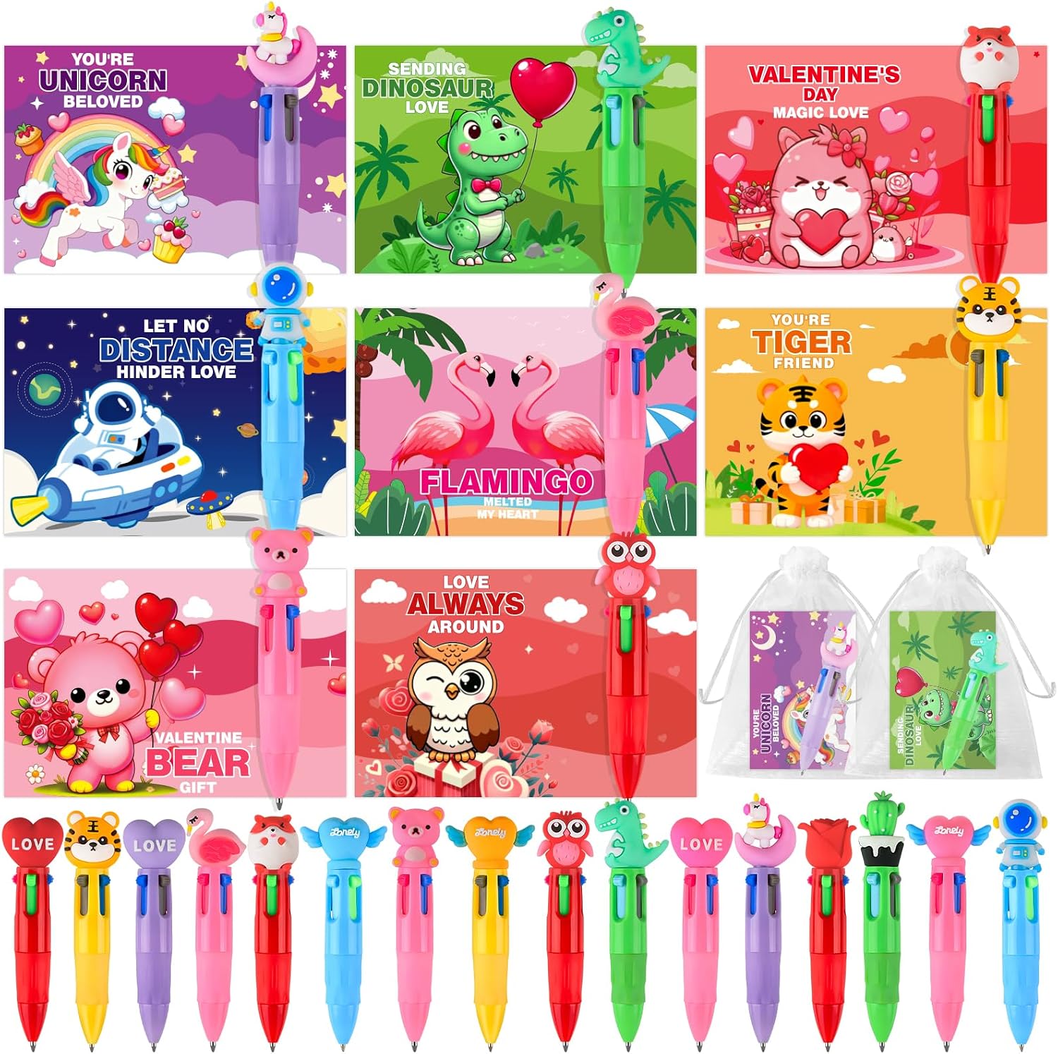 32 Pack Valentines Day Pens for Kids,Valentines Day Card and 4-in-1 Multicolor Pen Fun Cute Retractable Ballpoint Pen Bulk for Valentine Gift School Classroom Party Favors Students Rewards Supplies