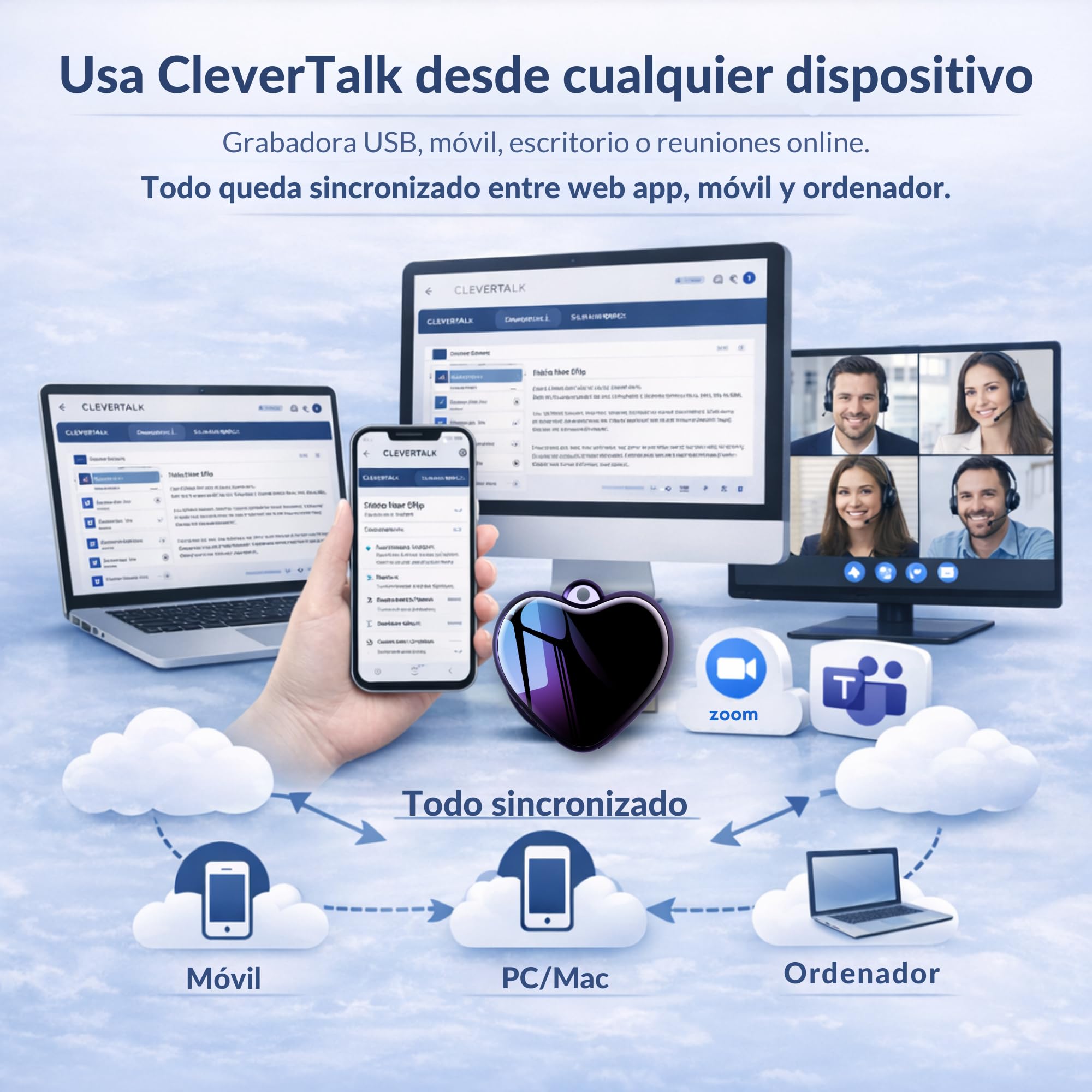 CleverTalk Heart Grabadora de Voz con IA | Activada por Voz | App Móvil, Mac, Windows y Web | Cloud Europea GDPR | 64GB | Audio HD 1536kbps | USB-C