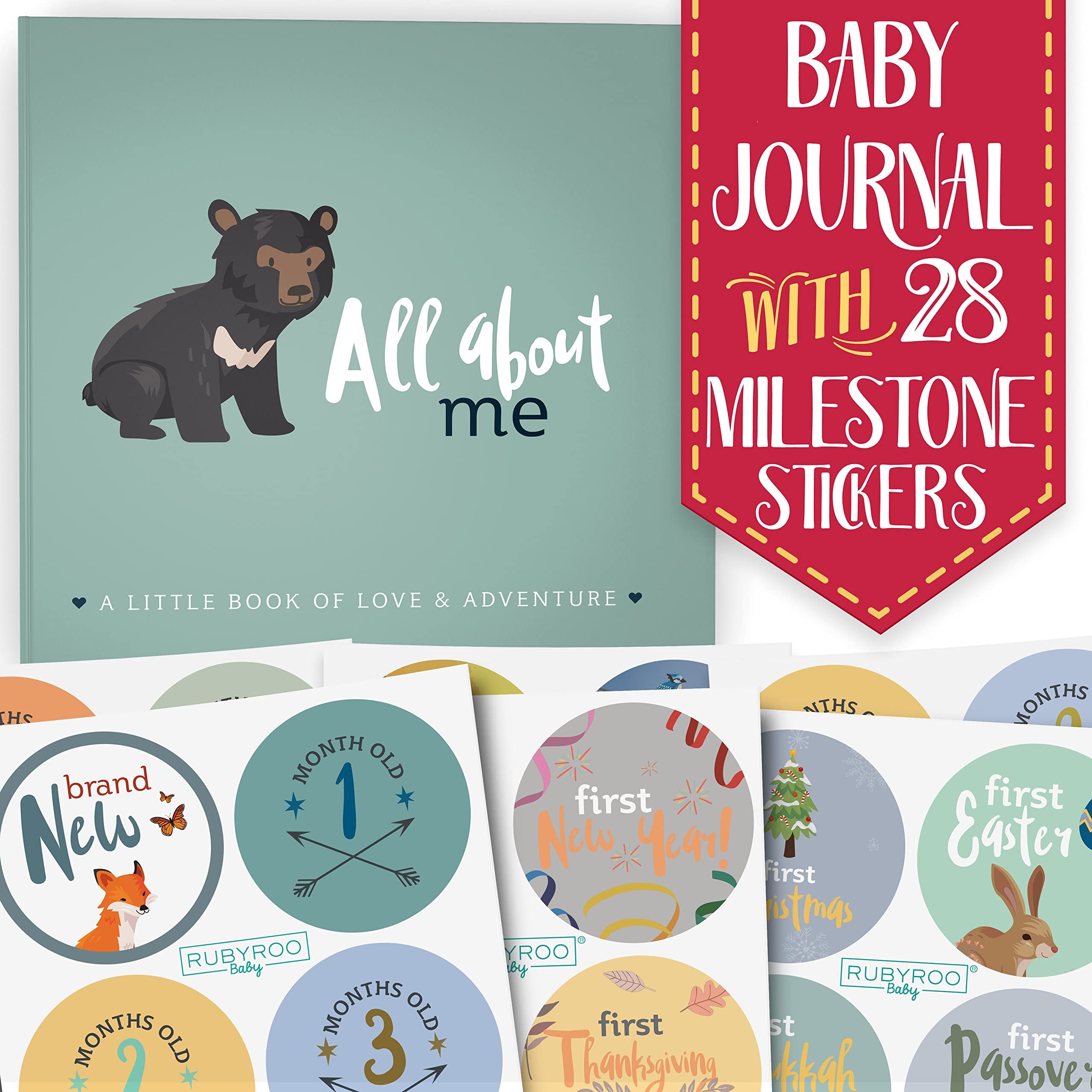 RubyRoo BabyMemory Book with Milestone Stickers - First 5 Years Photo Album Scrapbook for Baby Boy or Girl - Pregnancy Gift for Baby Shower, Gender Neutral Keepsake Newborn Record Book - Woodland