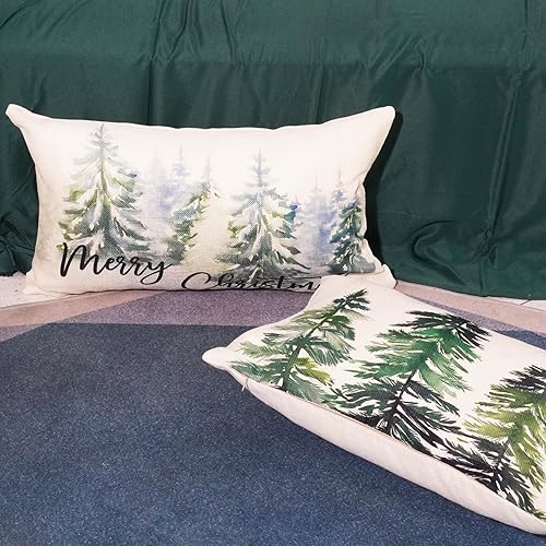 Miniatura 3 de HOMFREEST Juego de 2 fundas de almohada con diseño de árbol de Navidad de 12 x 20 pulgadas, fundas de almohada de copo de nieve con diseño de bosque