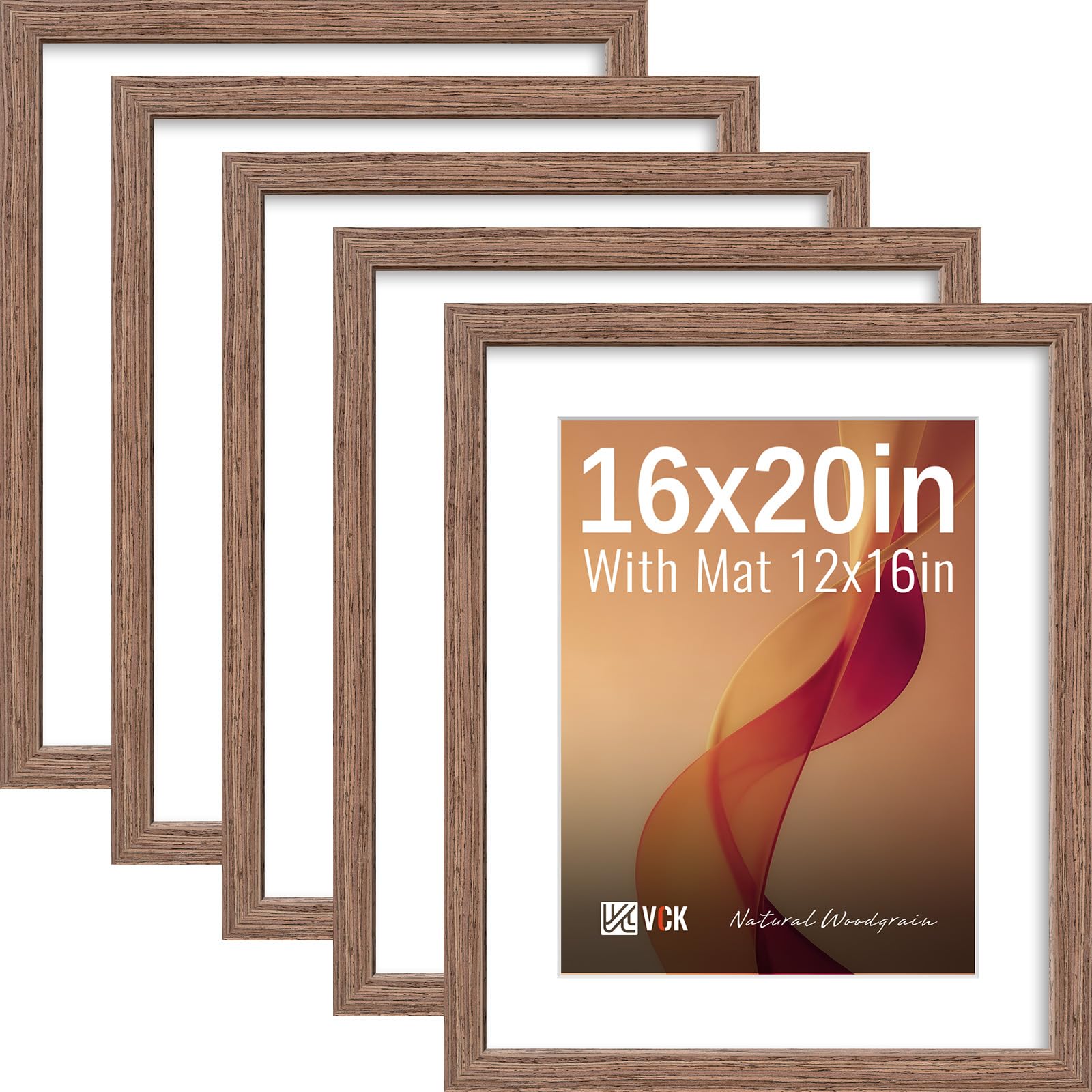 VCK 16x20 Picture Frame 5 Pack, Walnut Exclusive Wood, HD Glass, for Print
