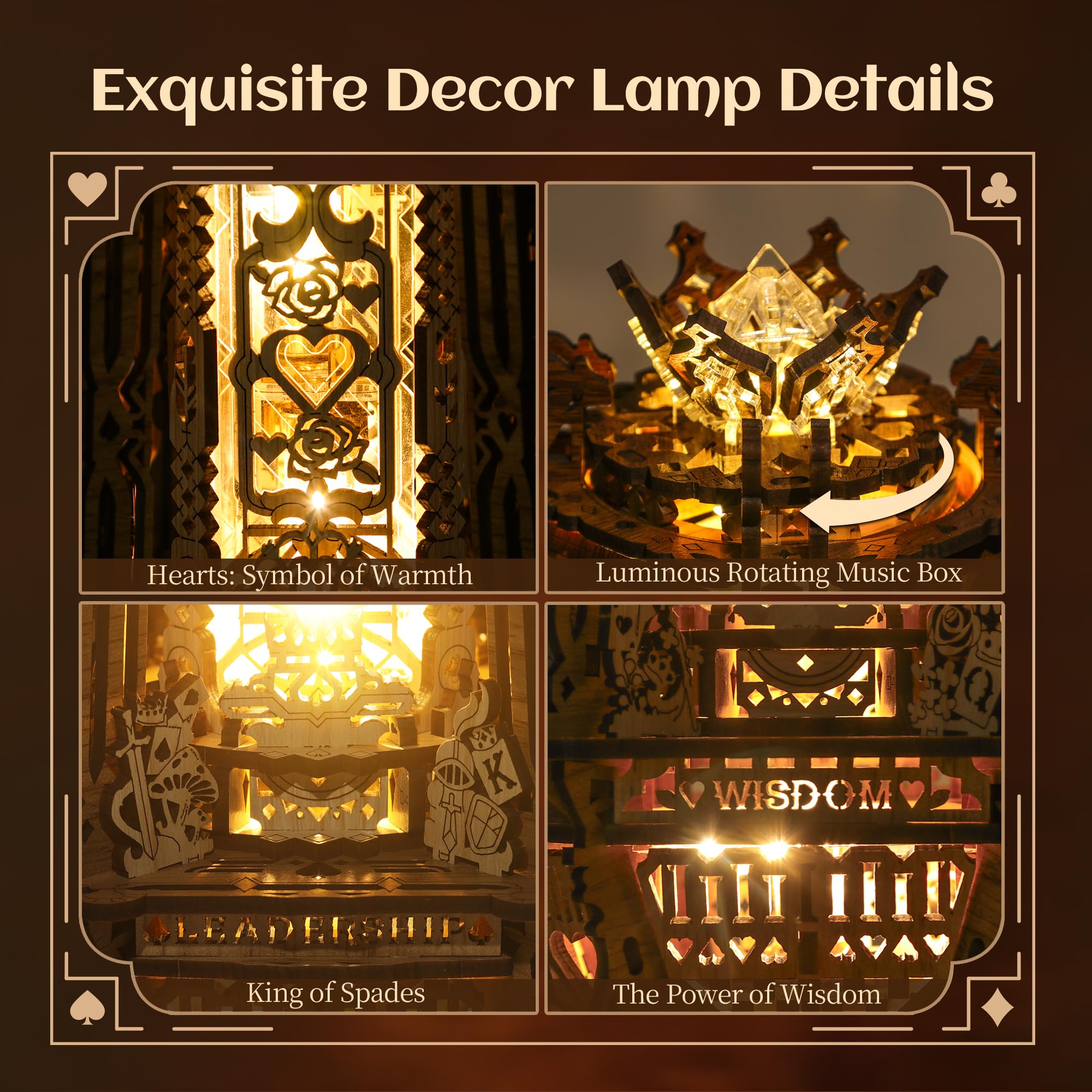 FUNPOLA LED 3D Wood Puzzle Poker World Projector Lamp, DIY Craft Kit with LED Lights and Music Box, Creative Poker-Themed - Image 3