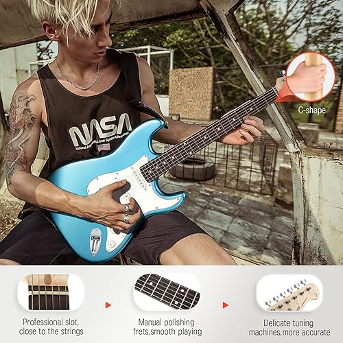 Vista 26 de Donner DST-102 - Kit de guitarra eléctrica de 39 pulgadas, con amplificador, bolsa, capo, correa, cuerda, sintonizador, cable, púas-1 Rayos de sol