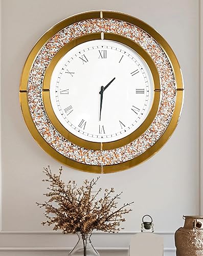 Reloj de pared de diamante triturado redondo decorativo con espejo de 24 pulgadas, color marrón