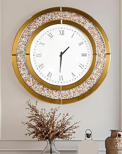 Crushed Diamond Wall Clock Round Decorative Mirrored Clock 24 inch Brown