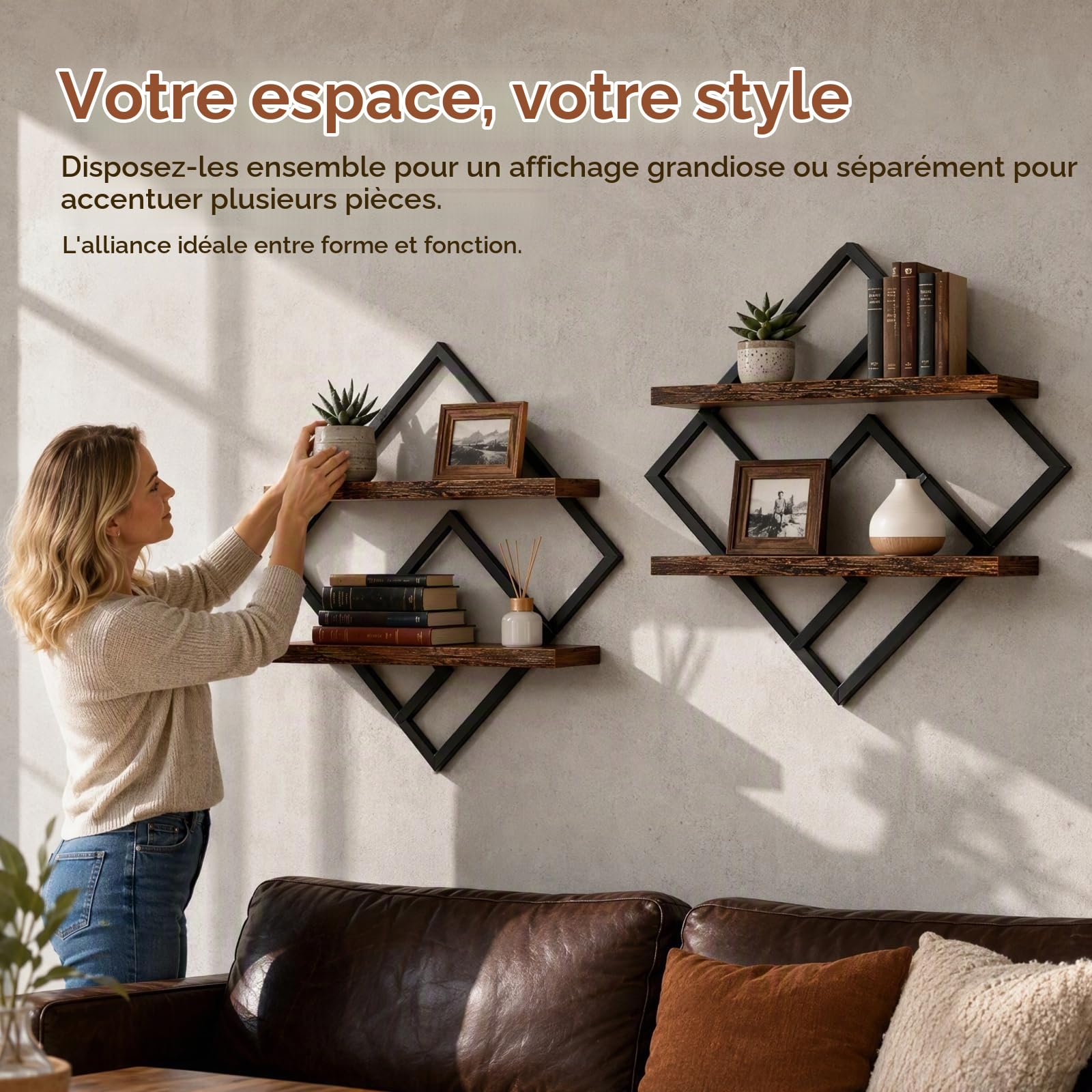Étagère Murale Flottante, Rangement Suspendu 2 Niveaux, Lot de 2