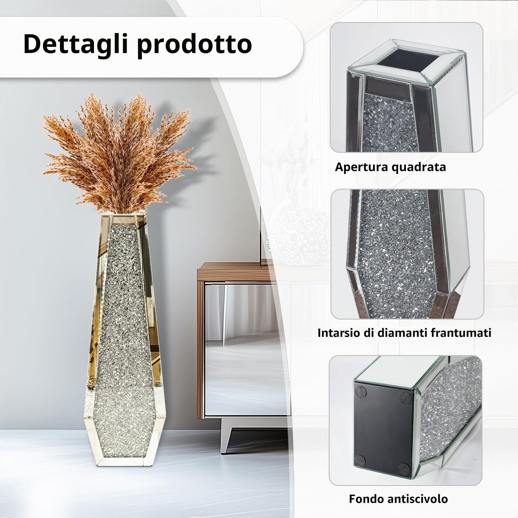Vaso Vetro Diamanti Alto 70cm: Vaso Decorativo da interno Grande a Specchio fiori Cristallo Argento Stretto e Lungo da Terra Moderno Design Decorazione casa