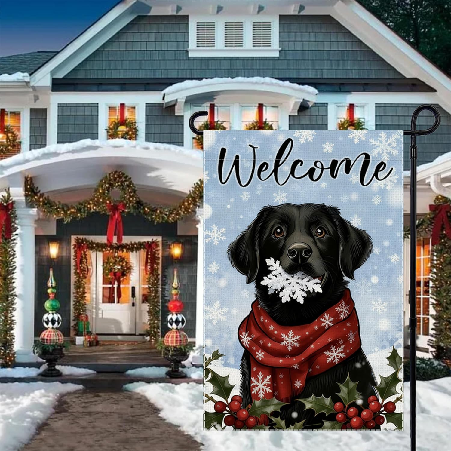 Welcome Winter Garden Flag Black Labrador Dog Small Flags for Outside, 12x18 Inch Snowflakes Double Sided Burlap Christmas Party Farmhouse Outdoor Yard Lawn Decoration - Image 6