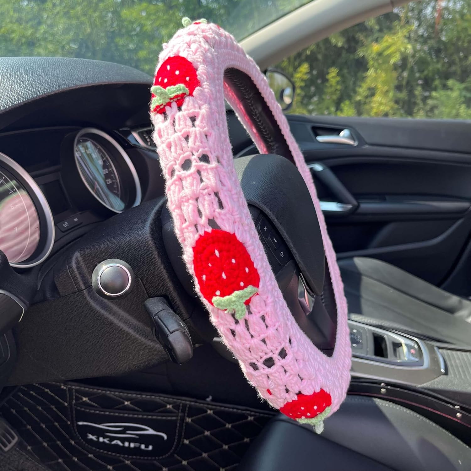 Crochet Steering Wheel Cover Set,Cute Car Steering Wheel Cover Boho 14-15in,Pink Strawberry Granny Square Pattern,Hippie Women Car Accessories (A Wheel Cover) - Image 5