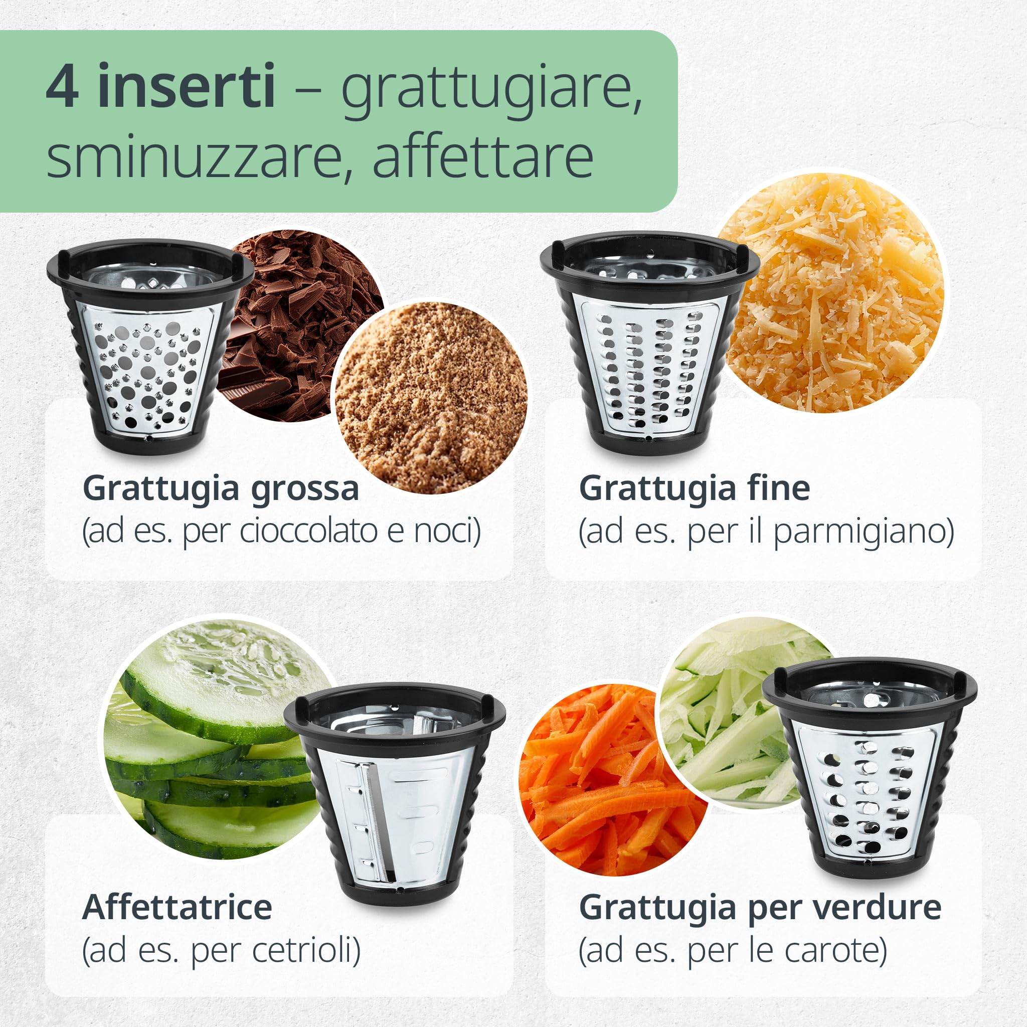 ADE Taglia verdure elletrico | grattugia e mandolina elettrica da cucina con 4 inserti extra-affilati | affeta verdure | tagliaverdure multifunzione | fino a 500 W
