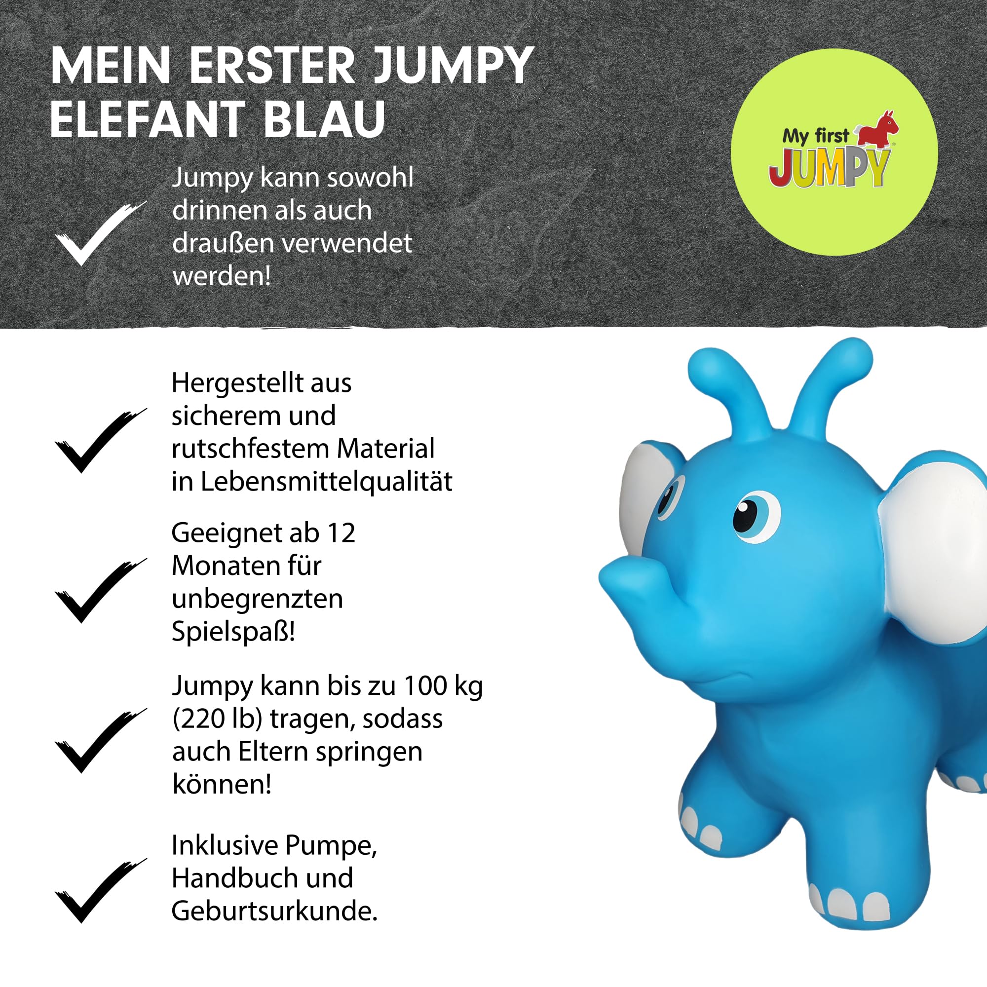 Gerardo´s Toys Jumpy Elephant Blue (Kinderspielzeug, Hüpfball Elefantenfigur, für draußen und drinnen, ab 12 Monaten, belastbar bis 100 kg) GT69362