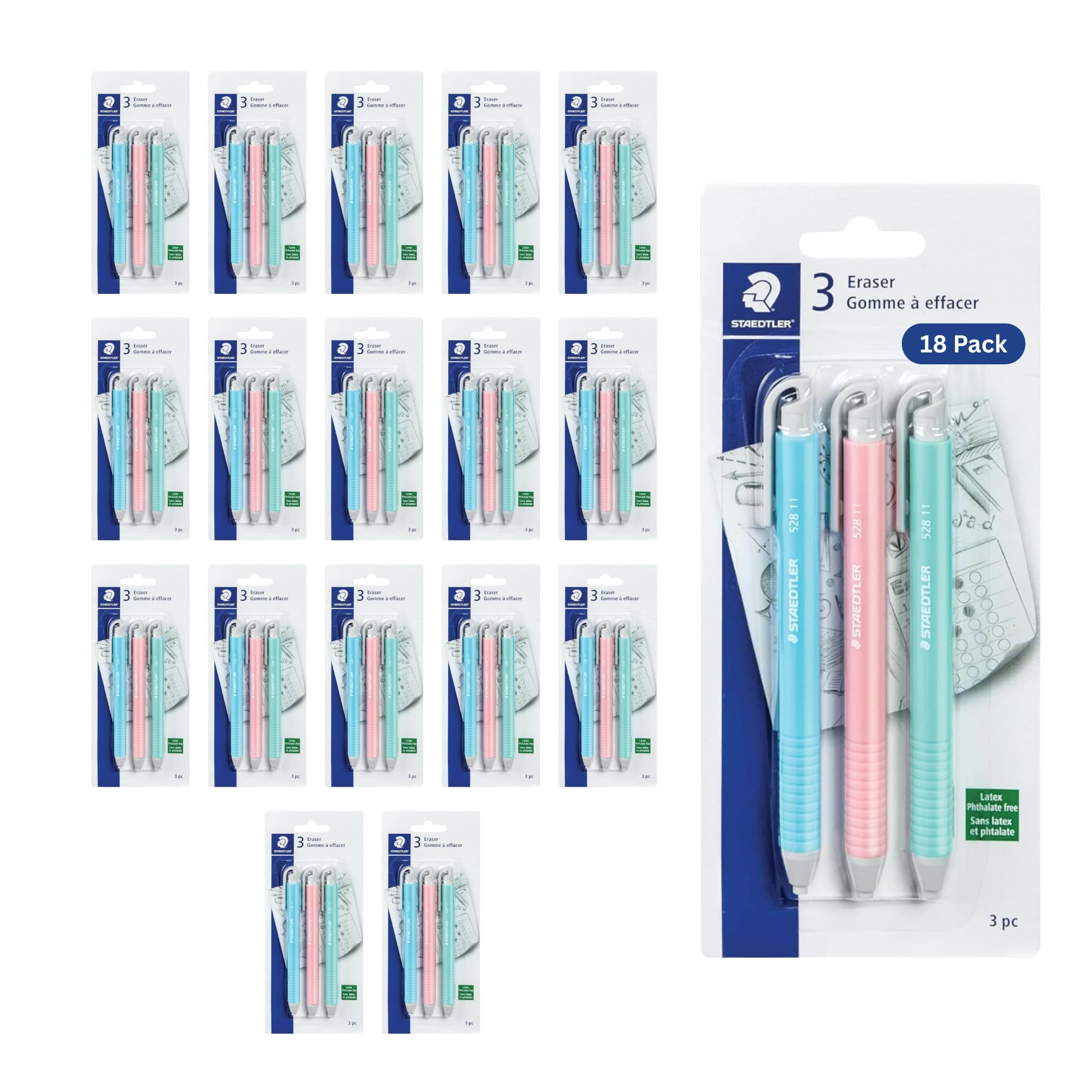 STAEDTLER Vinyl-Radiergummi-Halter (3er-Pack): einziehbare Radiergummis für Bleistifte, weiches Vinyl, latexfrei, saubere Kanten, keine Flecken, Pastellfarben (54)
