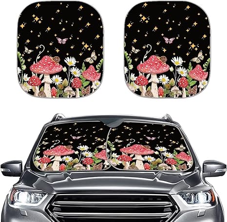 Renewold Mushroom Daisy Butterfly Print Sunshade for Car Windshield Reflective Blocks Heat and Sun Foldable Sun Shade Shield Car Accessories Keeps Your Vehicle Cool Sun Visor Universal Fit Most Cars