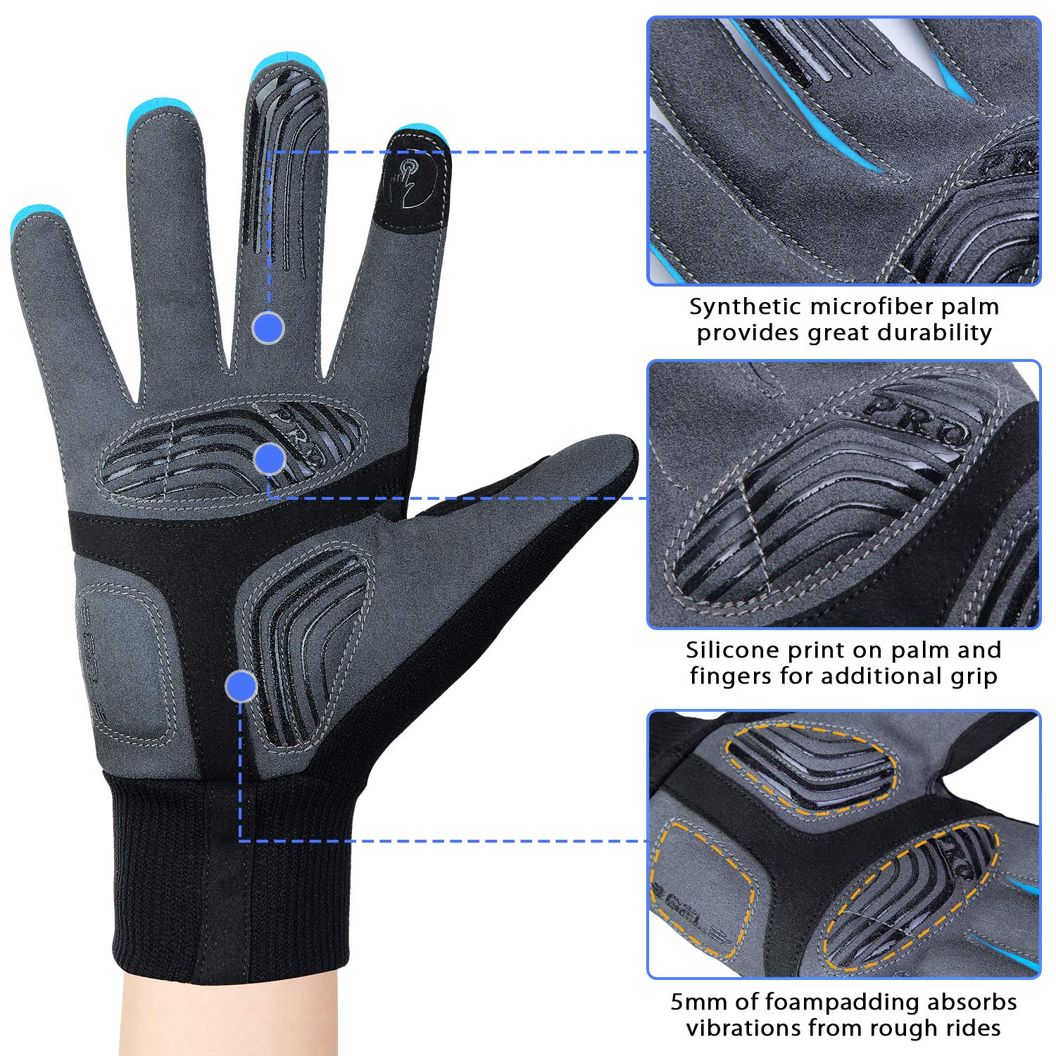 Souke Sports Winter-Fahrradhandschuhe für Herren und Damen, mit Touchscreen, gepolstert, wasserabweisend, winddicht, warm, rutschfest, zum Laufen, Radfahren, Workout (Blau, Größe L) Fashion