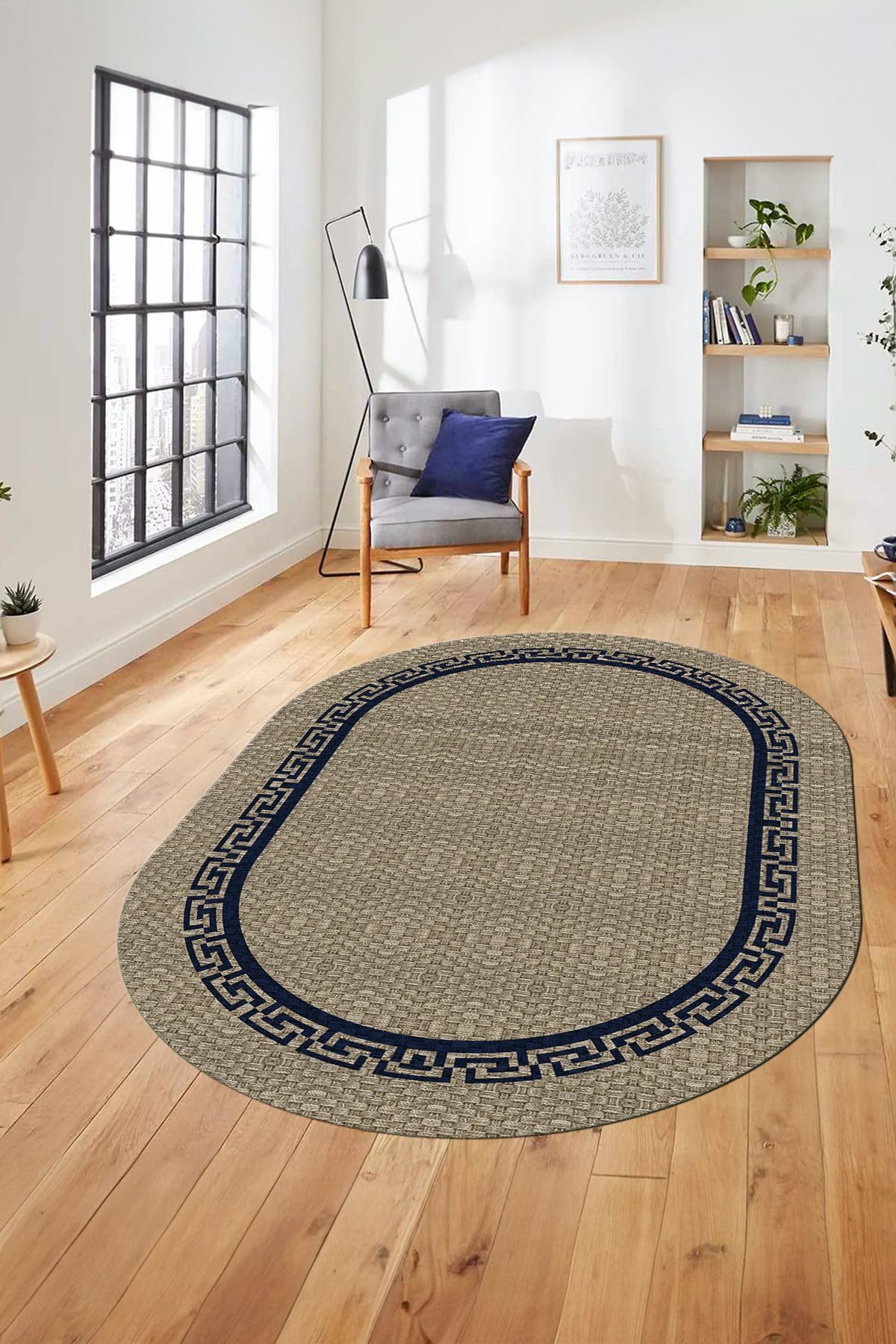 Evdeya Dijital Kaymaz Taban Yıkanabilir Jüt-Hasır Görünümlü Oval Mutfak Yolluk Salon Halısı O-JÜT-01, Mavi, 180 x 300