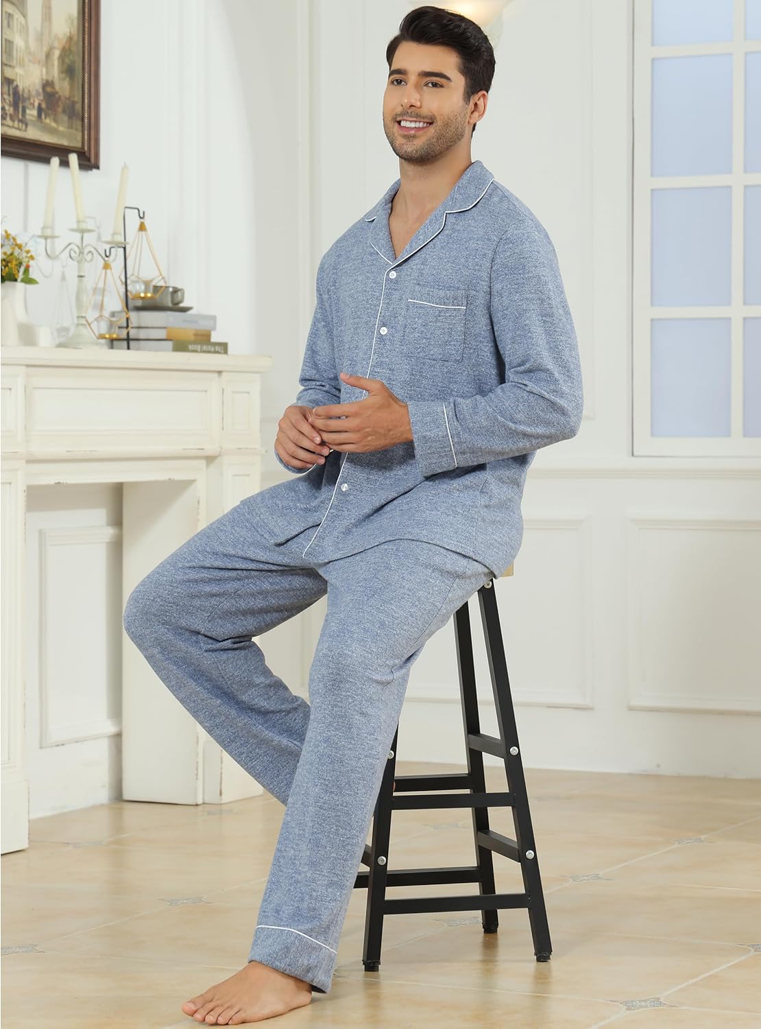 Veseacky Mens Pajamas Set Long Sleeve Soft Pajamas for Men Button Down Sleepwear Pjs Lounge Sets with Pockets S-2XL - Image 3