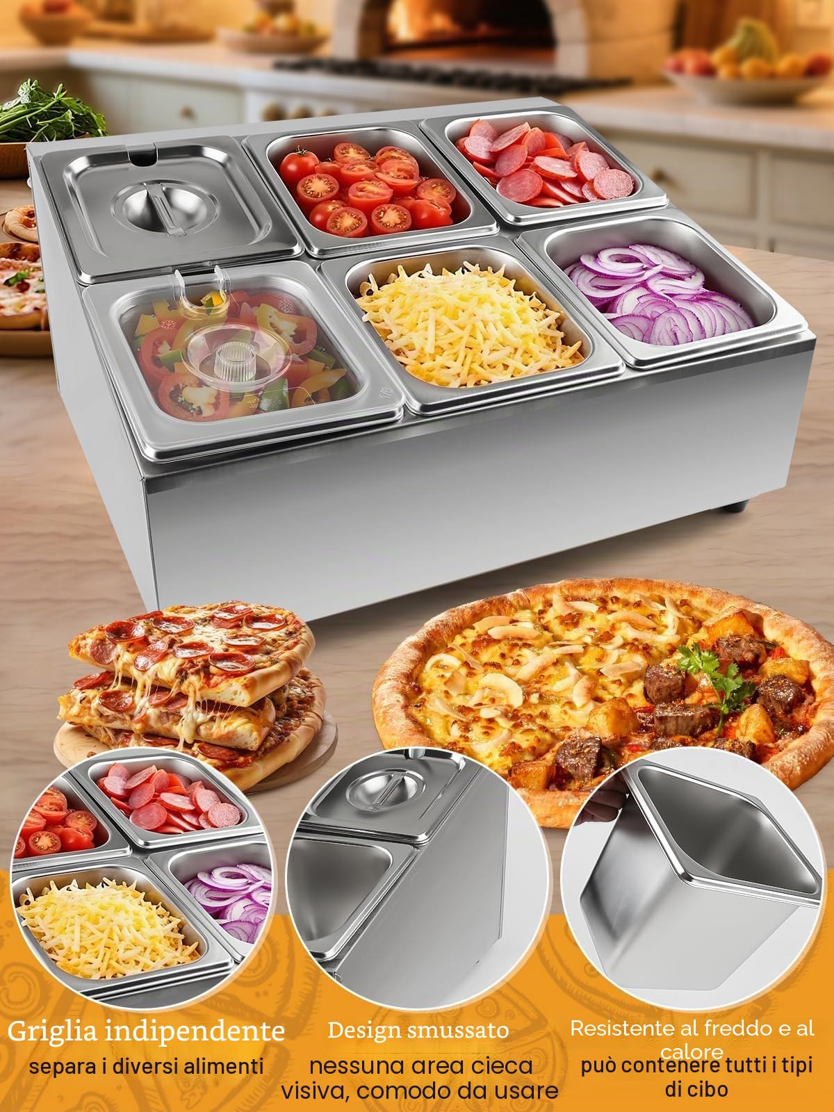 Kalolary 6 teglie Contenitori per Ingredienti 2 File Porta Spezie in Acciaio Inox con Coperchi Cucchiai Supporto Inclinato Bancone Set Contenitori Buffet per Salsa Frutta Ingrediente Cucina Ristorante