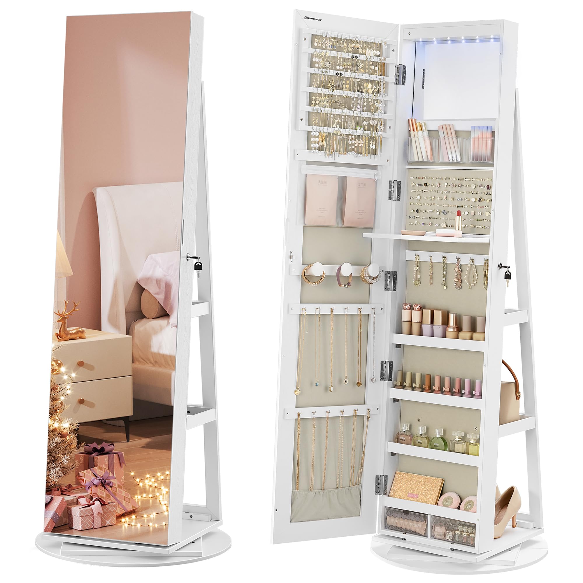 SONGMICS 6 LED Lockable Jewelry Cabinet 360° Swivel Jewelry Cabinet Frameless Full Length Mirror 3 Storage Shelves White Surface Greige Lining UJJC007W02V1