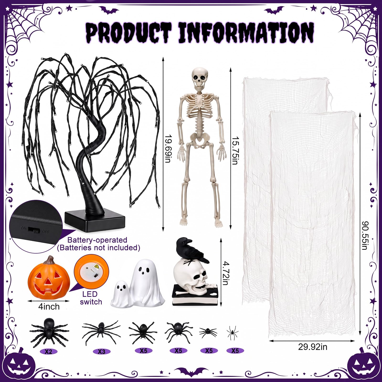 Woanger Juego de 34 decoraciones de Halloween de 20 pulgadas, luz LED púrpura de sauce, esqueleto, cuervo, calavera, estatua, fantasma, figuras de calabaza, telaraña con arañas para Halloween