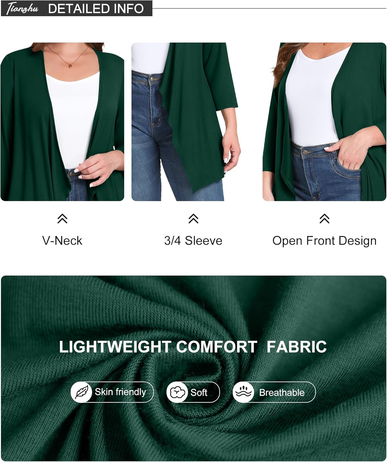 TIANZHU Women Cardigan Lightweight 3/4 Sleeve Casual Open Front Light Cardigan Drape Duster Sweaters - Image 6