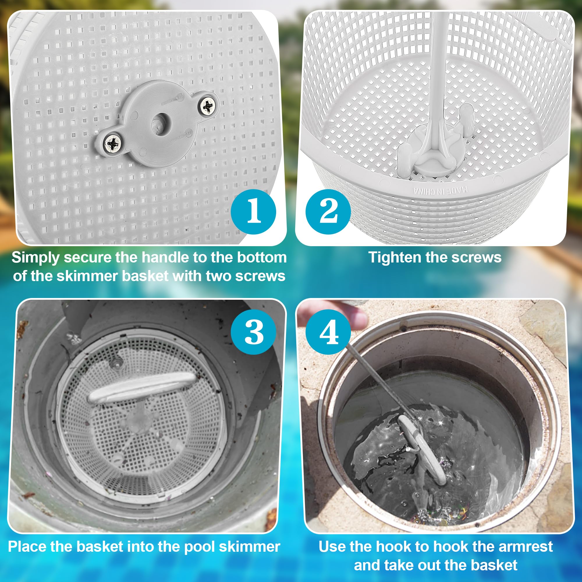 Saillong Mango de cesta de skimmer, gancho de cesta de skimmer de piscina, cesta universal para skimmer con asa, se adapta a todas las cestas de skimmer, mantiene las manos limpias y seguras