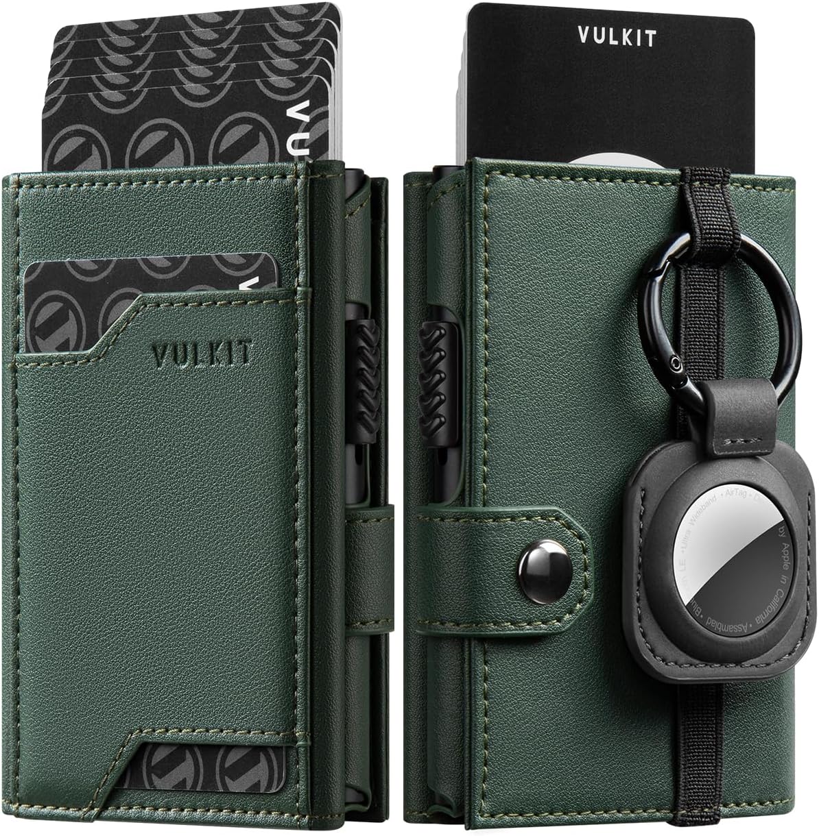VULKIT Airtag Wallet with Keyring Leather Mens Pop up Credit Card Wallet with Air Tag Holder Trifold ID Window RFID Blocking（New-Green）
