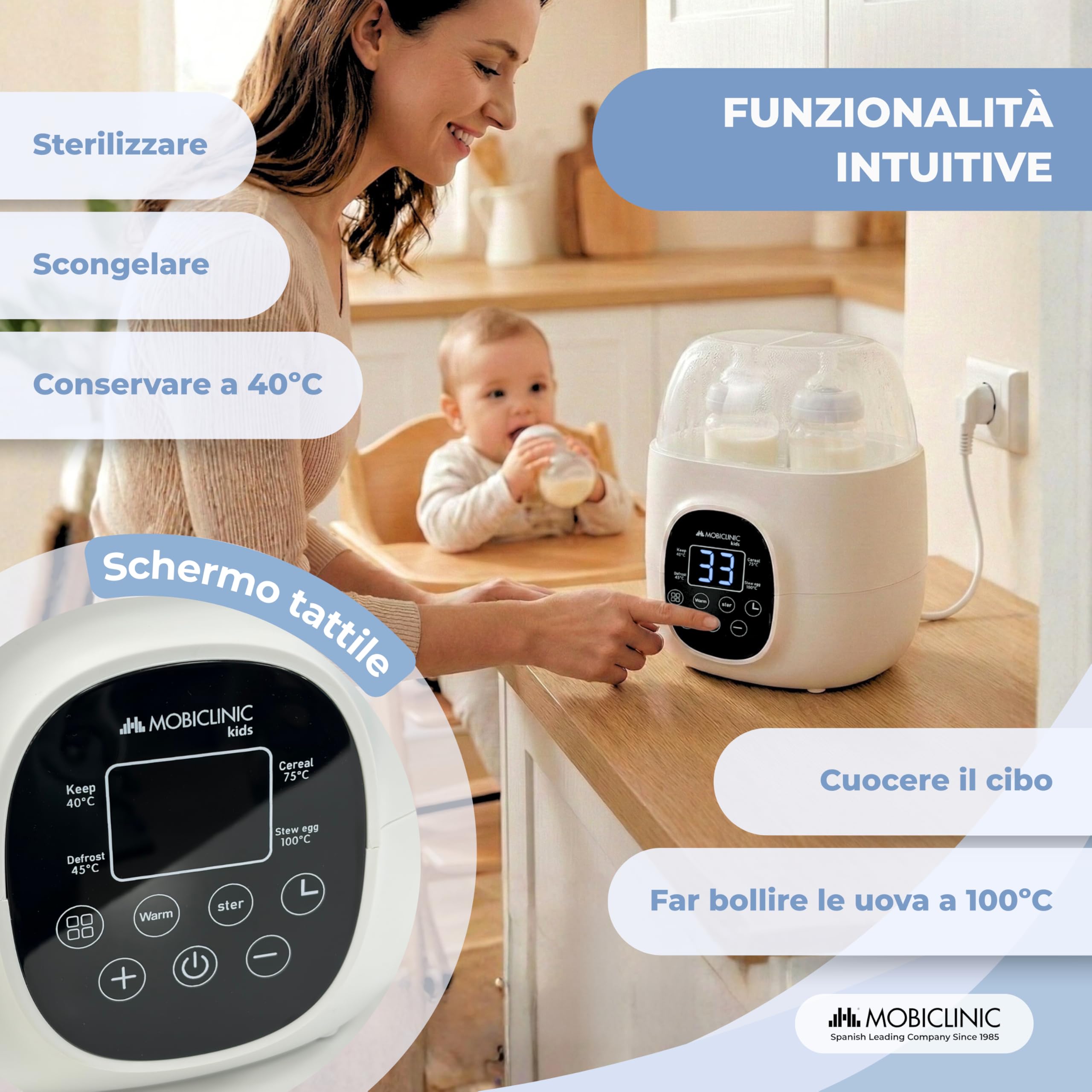 Mobiclinic®, Scaldabiberon e Sterilizzatore, 6 in 1, Doppia Capacità, Scongela, Programmabile, Mantiene la Temperatura, Riscaldamento Rapido, Latte Materno, Senza BPA, Schermo LCD, Compatto, Bibidu