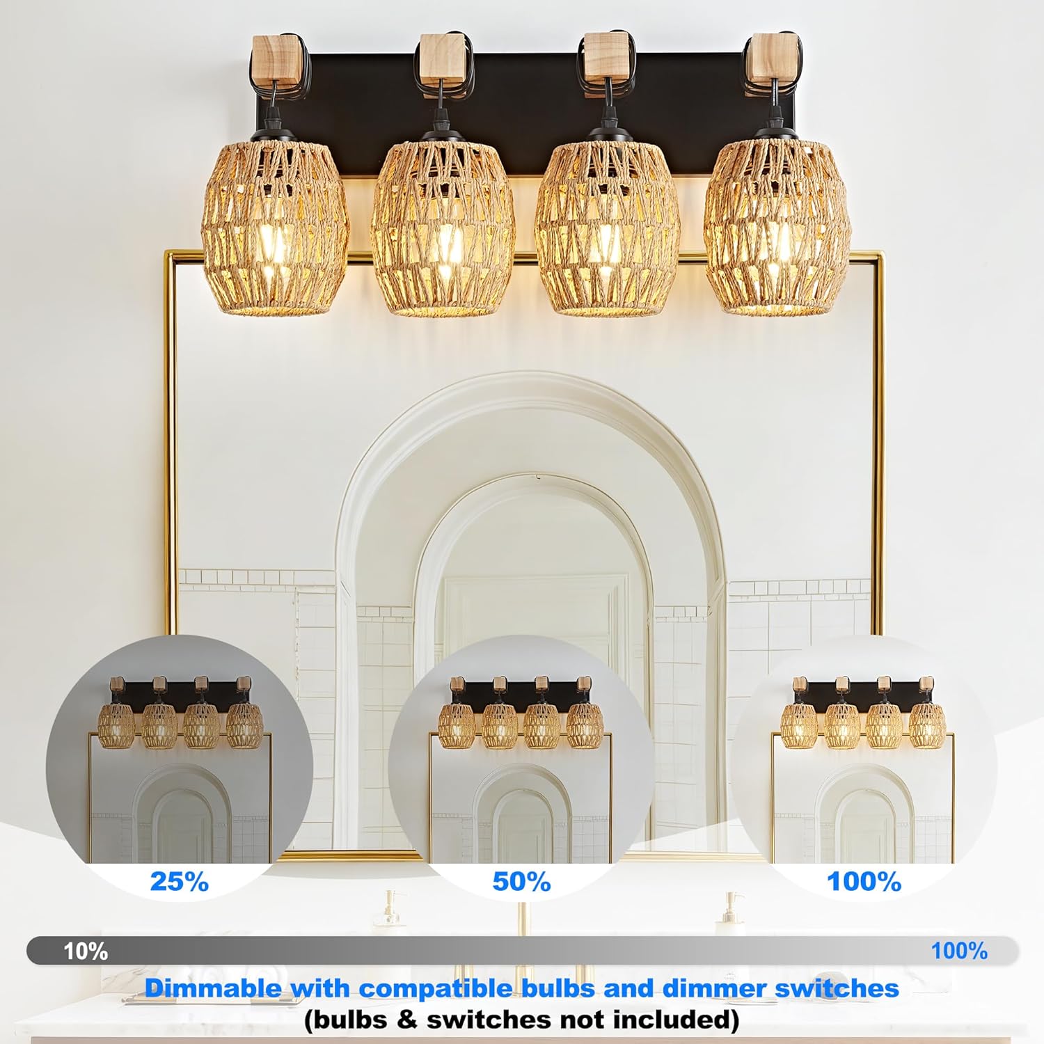 OKELI 4-Light Bathroom Vanity Light Fixtures Over Mirror, Hand-Woven Boho Rattan Wicker Wall Sconce, Rustic Farmhouse Natural Wood Black Vanity Lighting for Bathroom Bedroom Hallway, E26 Base