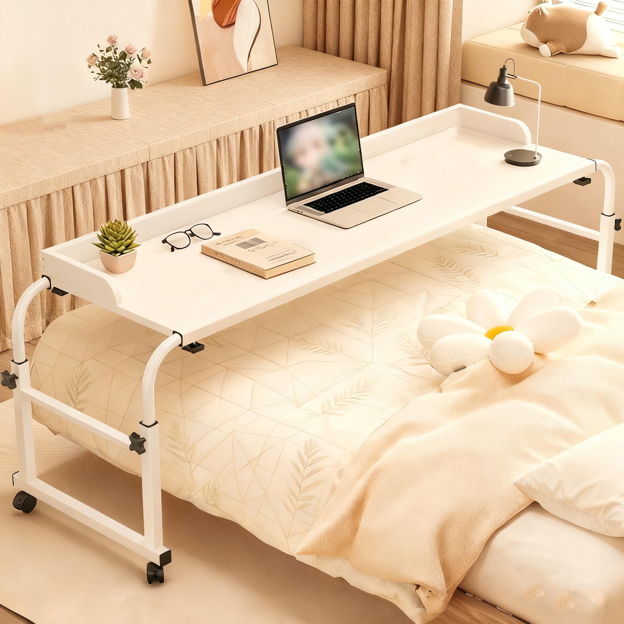 Mesa de cama ajustable con ruedas, 120-210 cm, escritorio móvil blanco sobre la cama con soporte ajustable de 65 cm-95 cm, escritorio móvil para laptop, escritorio para cama, sofá u oficina