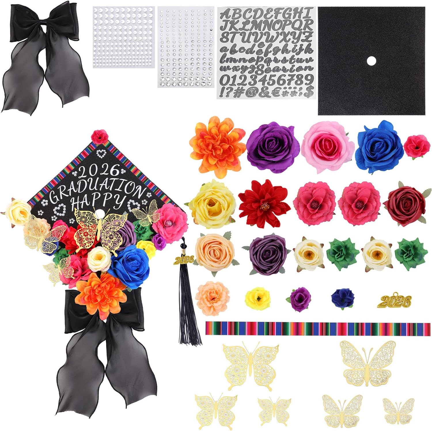 Jollyboom Graduation Cap Decorations Kit, 2026 Graduation Cap Decorations Fiesta Theme Topper DIY Craft Assorted Flowers Butterfly Stickers Black Bow Trim Gold 2026 Pendant for DIY