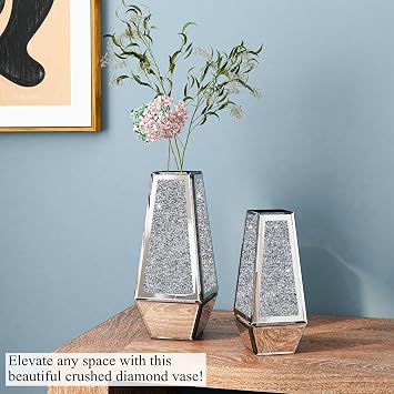 SHYFOY Silver Crushed Diamond Mirrored Vases Set of 2, Can't Hold Water
