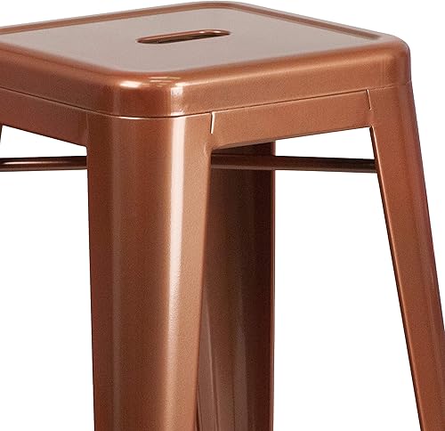 Miniatura 8 de Merrick Lane Taburete de altura de barra serie Newark - Acabado naranja - Marco de metal con soporte cruzado - Diseño sin espalda - Reposapiés