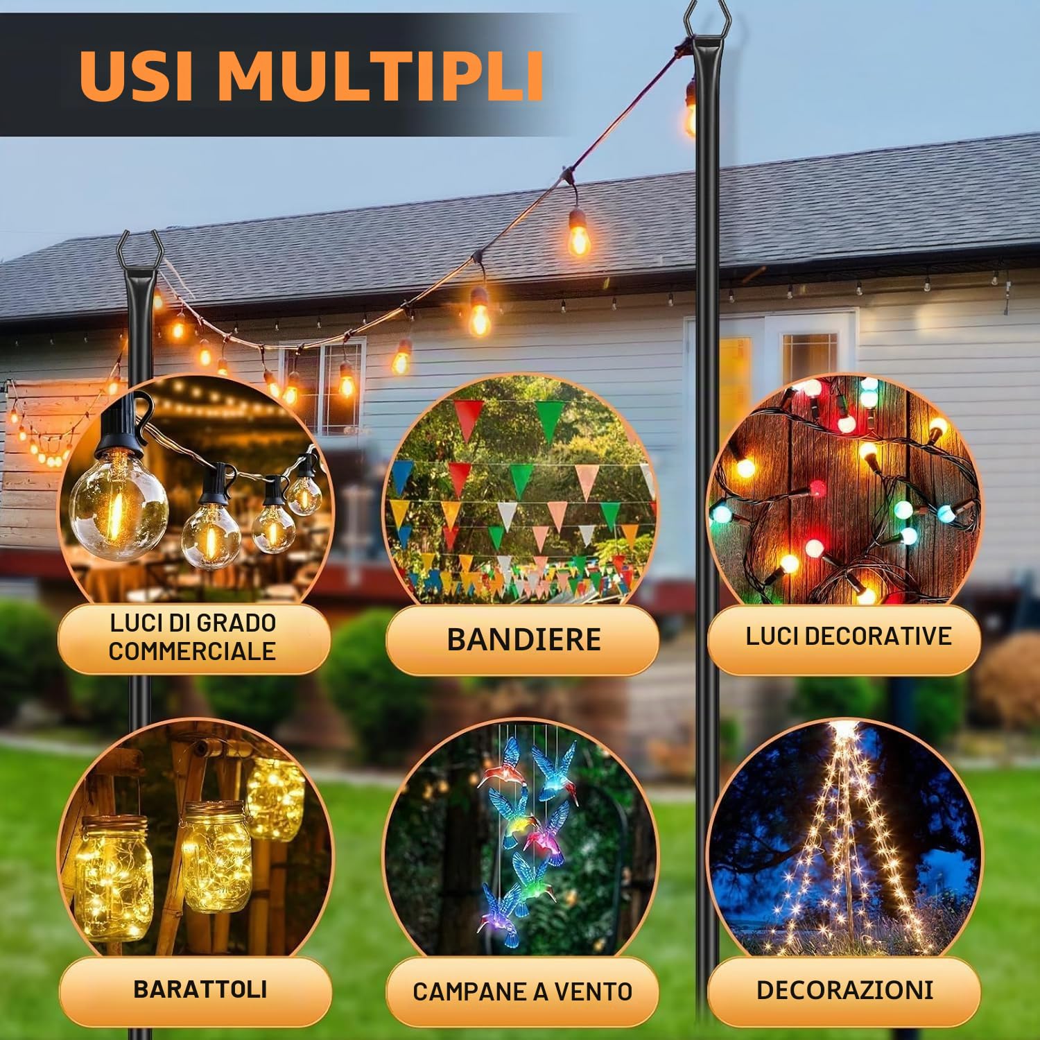 Gresonic Set di 2 aste per catena luminosa per ponte, da 9,8 m, per esterni, in acciaio, per decorazione all'aperto, giardino, cortile, terrazza, illuminazione stand per matrimoni