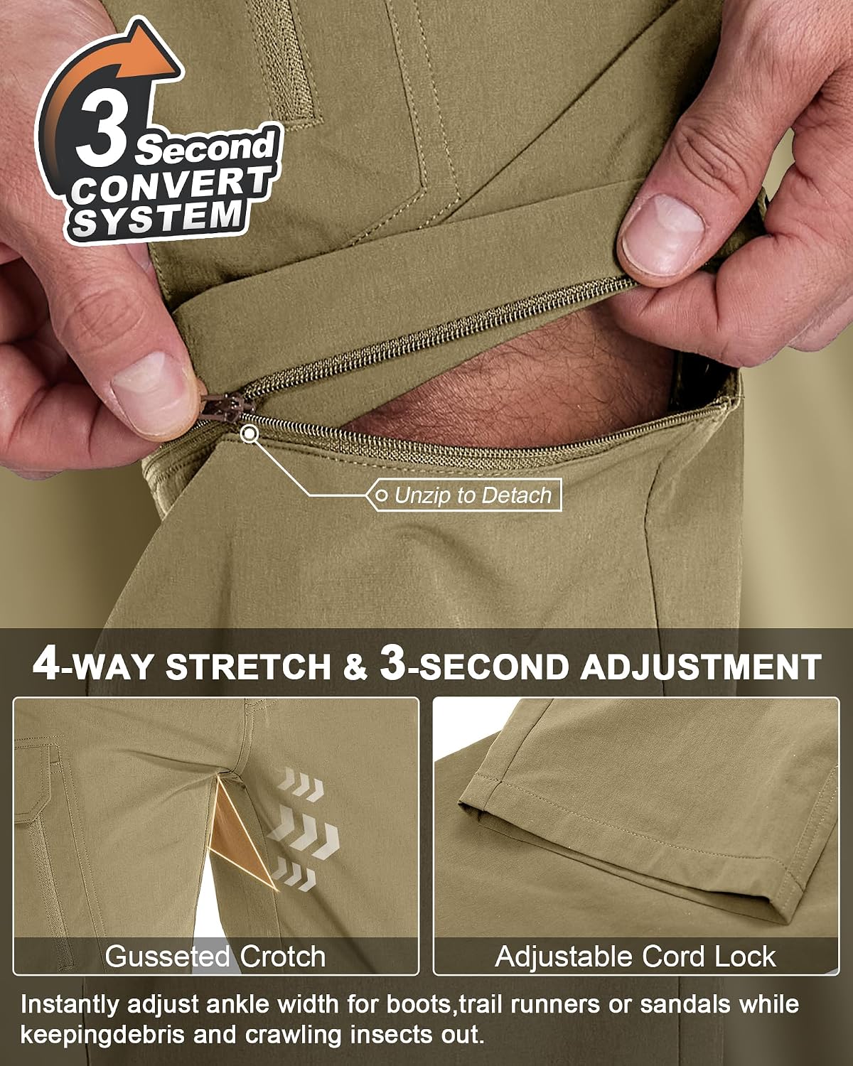 Mens Hiking Convertible Fishing Safari Pants Waterproof Zip Off Quick Dry Outdoor Trousers with Multiple Pockets