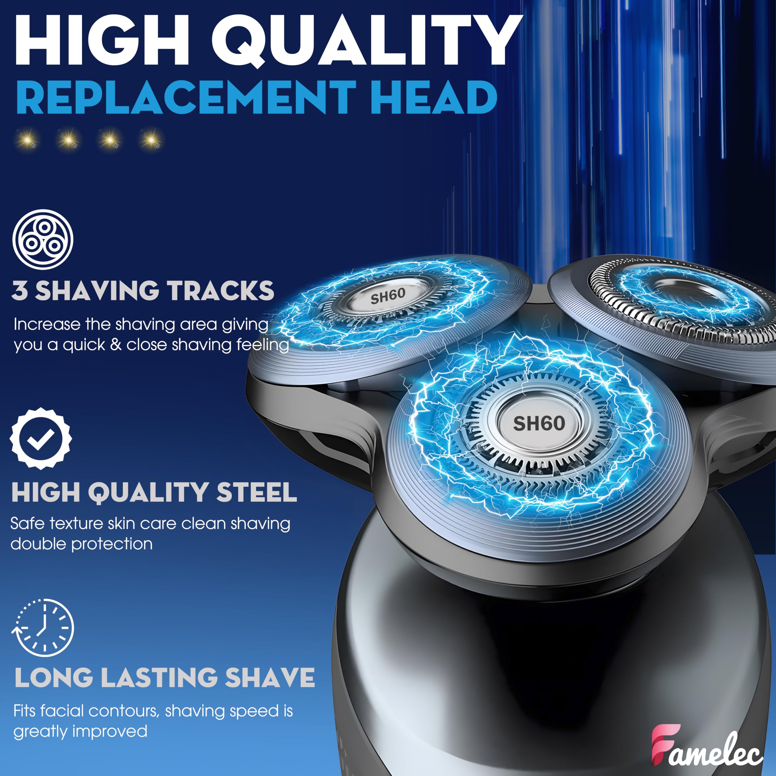 FAMELEC Upgraded Blades SH60/72 for Philips Norelco 6000 Replacement Heads, Head Shaver Replacement Blades Compatible with Philips Norelco 6000 Replacement Electric Shaving Head Razor Blades