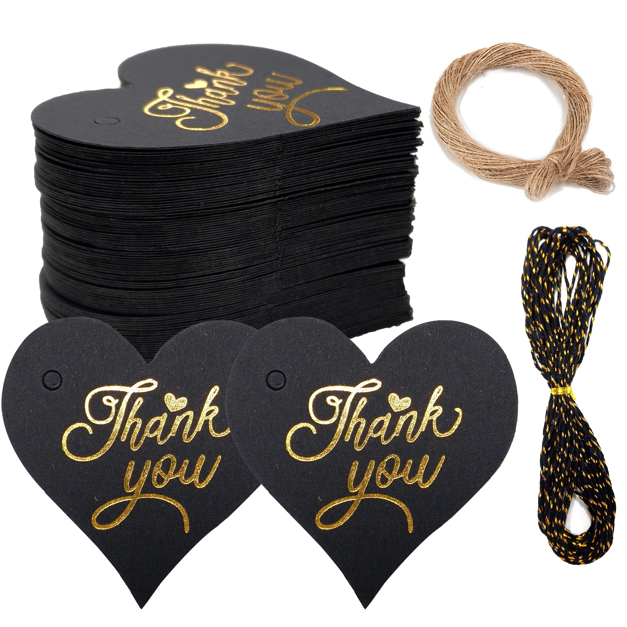 100 Pcs Heart Gift Tags with Thank You, 10m Jute Cord and 10m Gold Thread, Gift Tag for Presents, Tie on Labels with String, Ideal for Birthday, Wedding, Party Favors and Craft Packaging