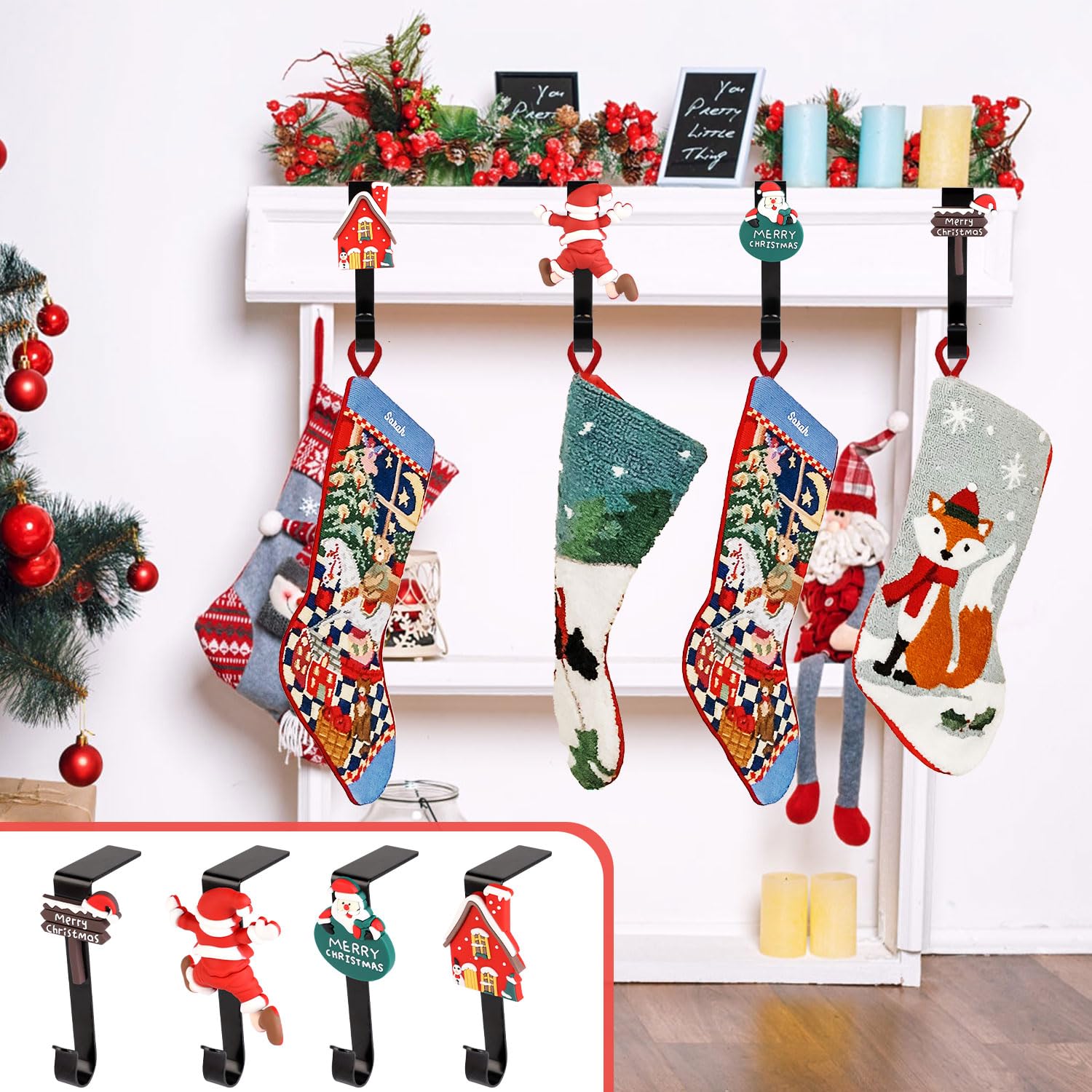 lasuroa 4 Piezas Soportes para Calcetines Navideños, Papá Noel Casa Ganchos para Medias de Chimenea Perchas para Medias de Chimenea Antideslizantes para Navidad vacaciones Fiesta Decoraciones