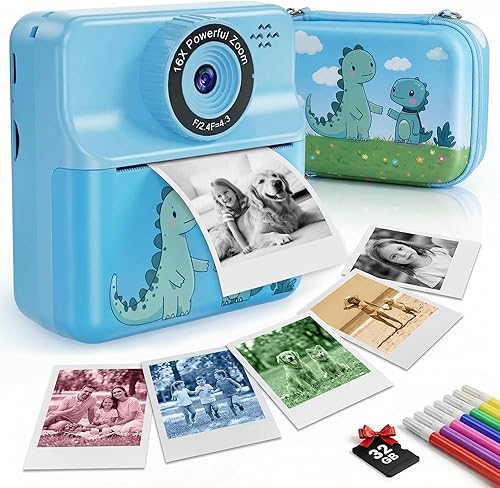 Cámara para niños de impresión instantánea con estuche de transporte, cámara digital para selfie con 6 rollos de papel de impresión, 5 colores